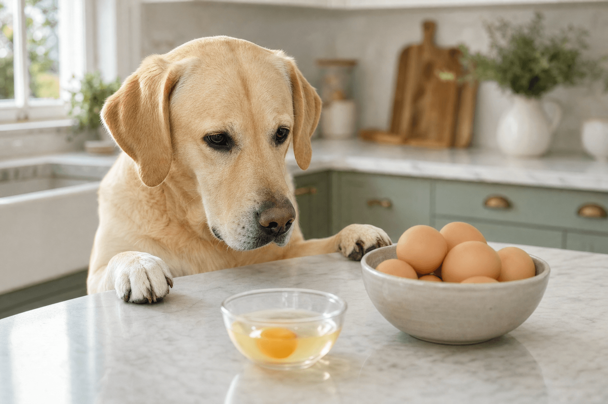 Labrador watching a bowl of eggs on a kitchen counter