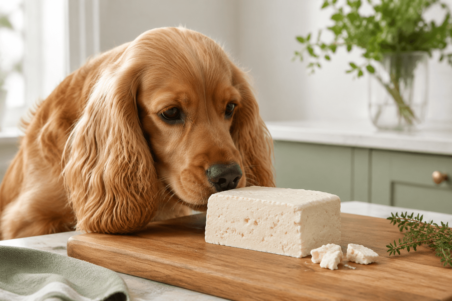 Cocker spaniel sniffing a block of feta cheese on a wooden board