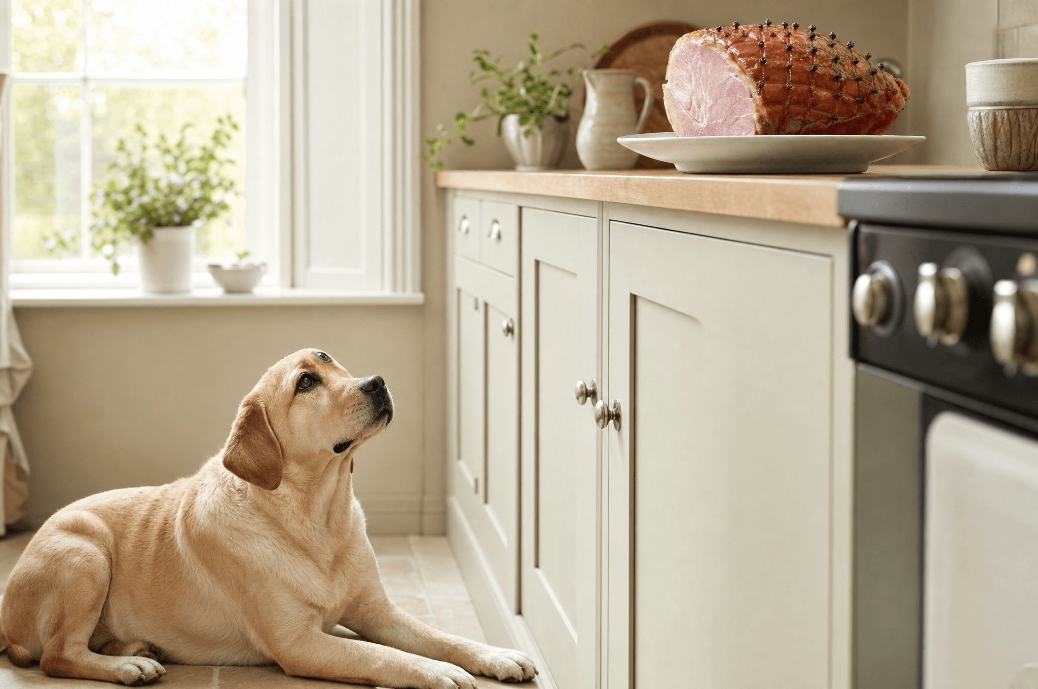 Labrador gazing up at a gammon joint resting out of reach on a counter