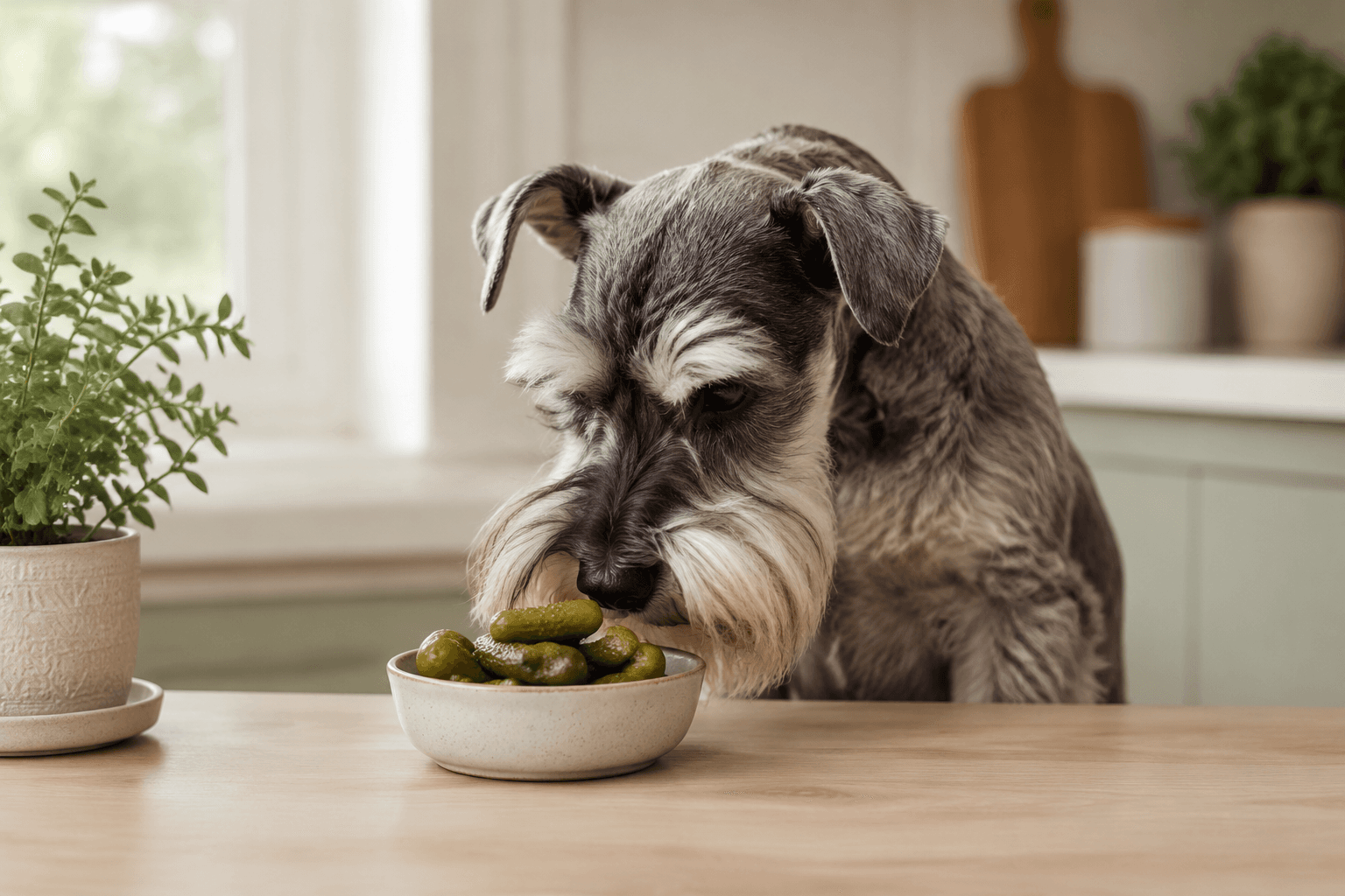 Schnauzer sniffing at a small bowl of whole gherkins on a kitchen counter, not eating them