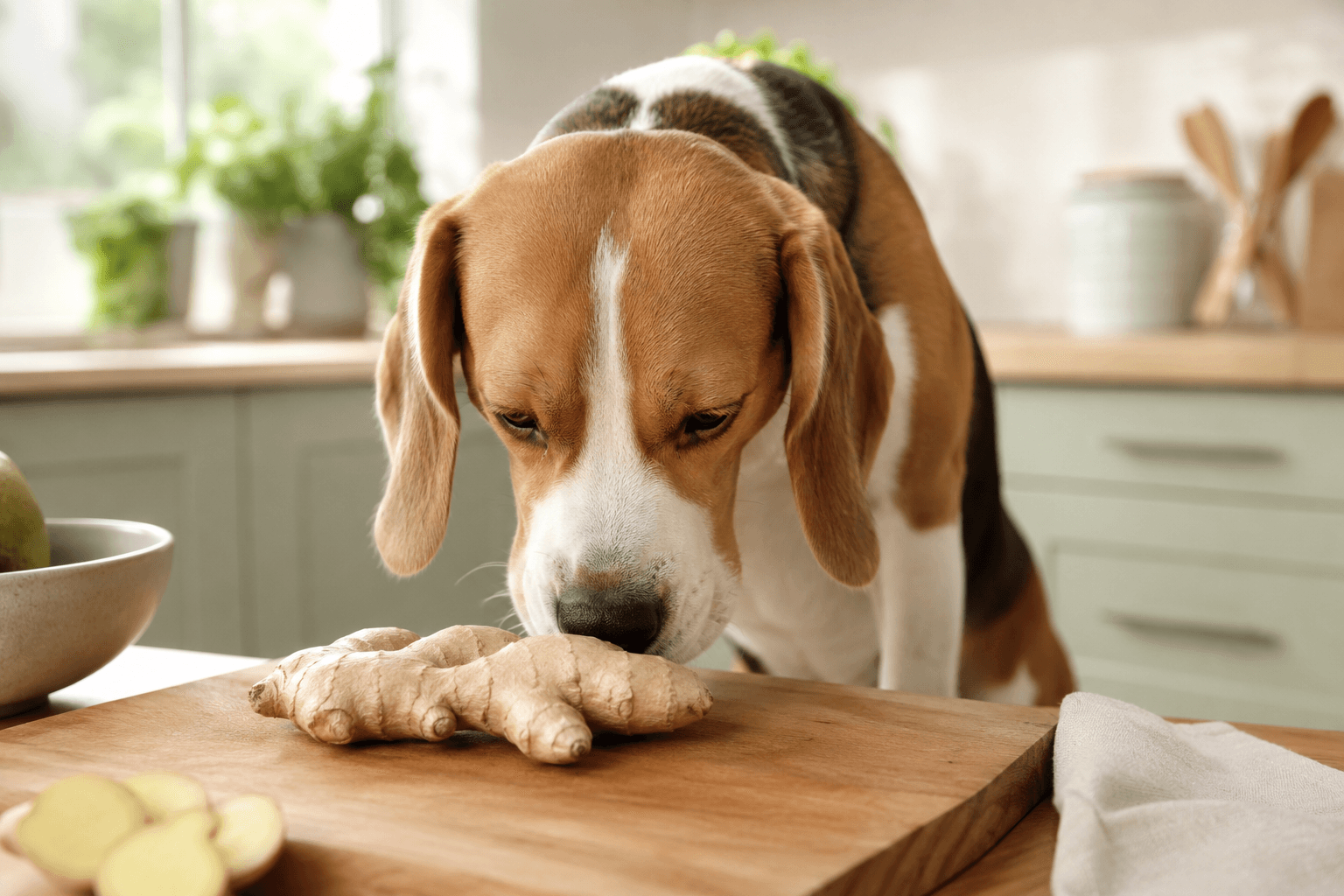 Beagle sniffing a piece of fresh ginger root on a wooden chopping board