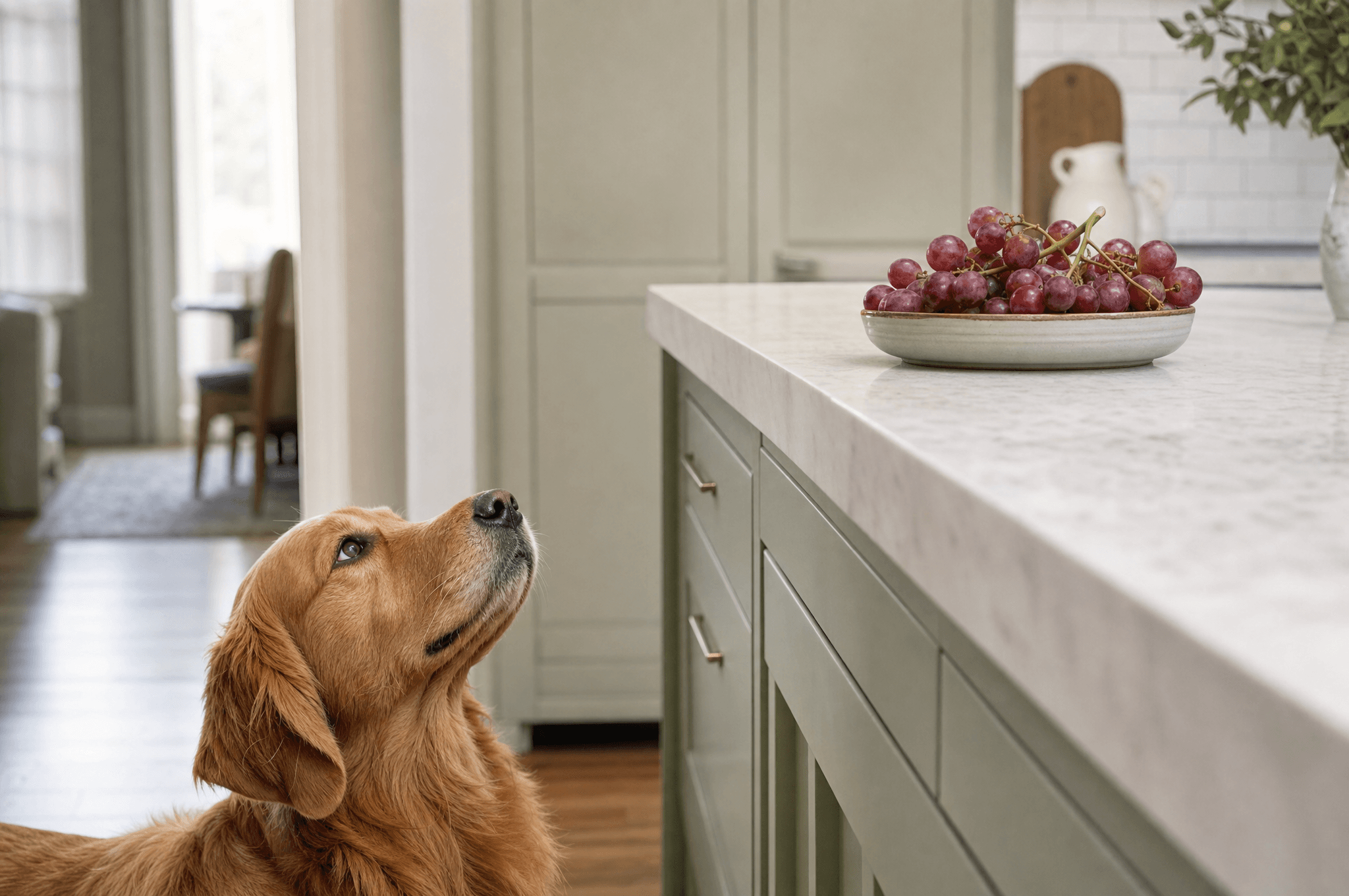 Golden retriever looking up at a bowl of grapes out of reach on a kitchen counter