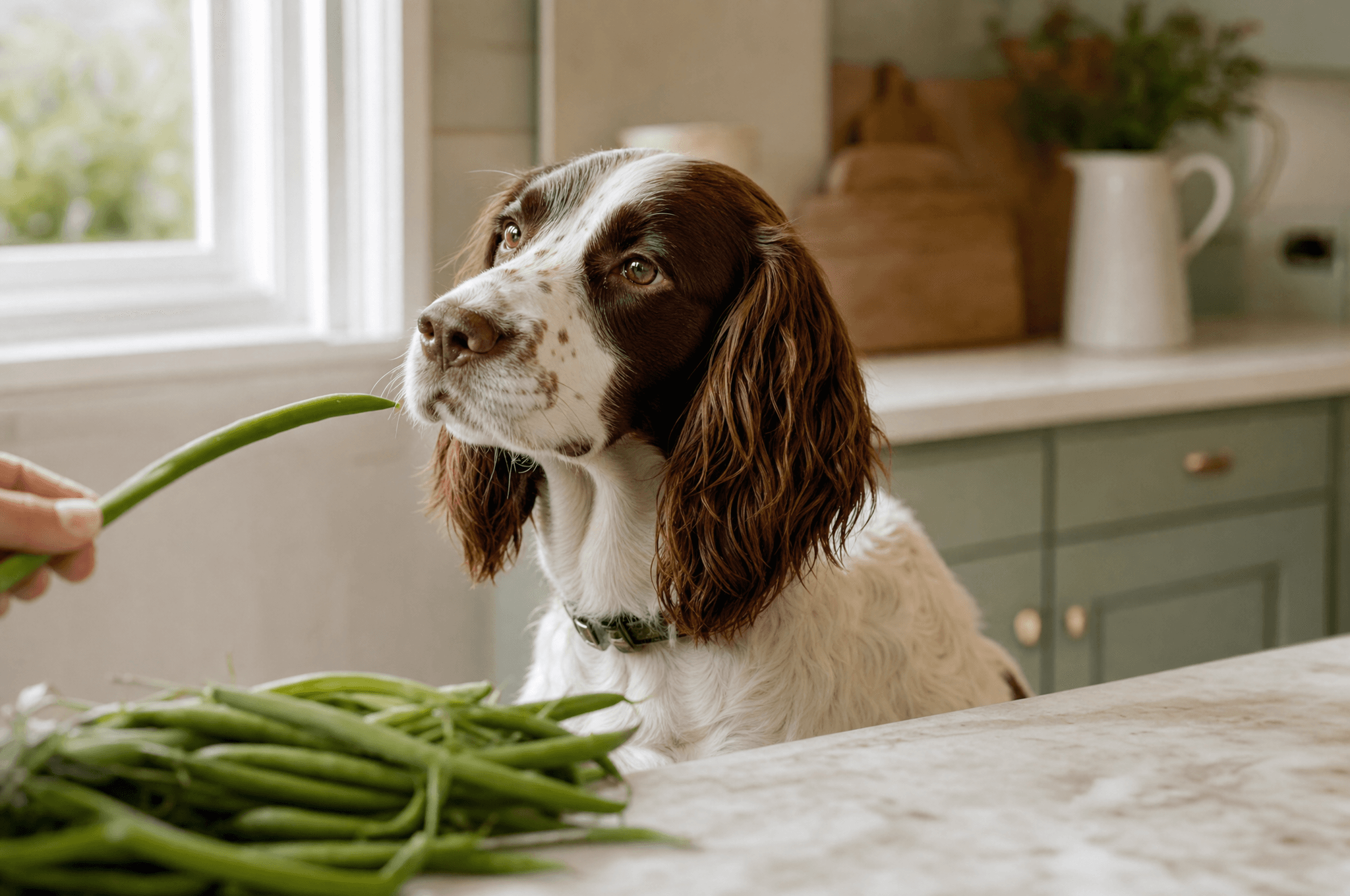 Spaniel being offered a raw green bean