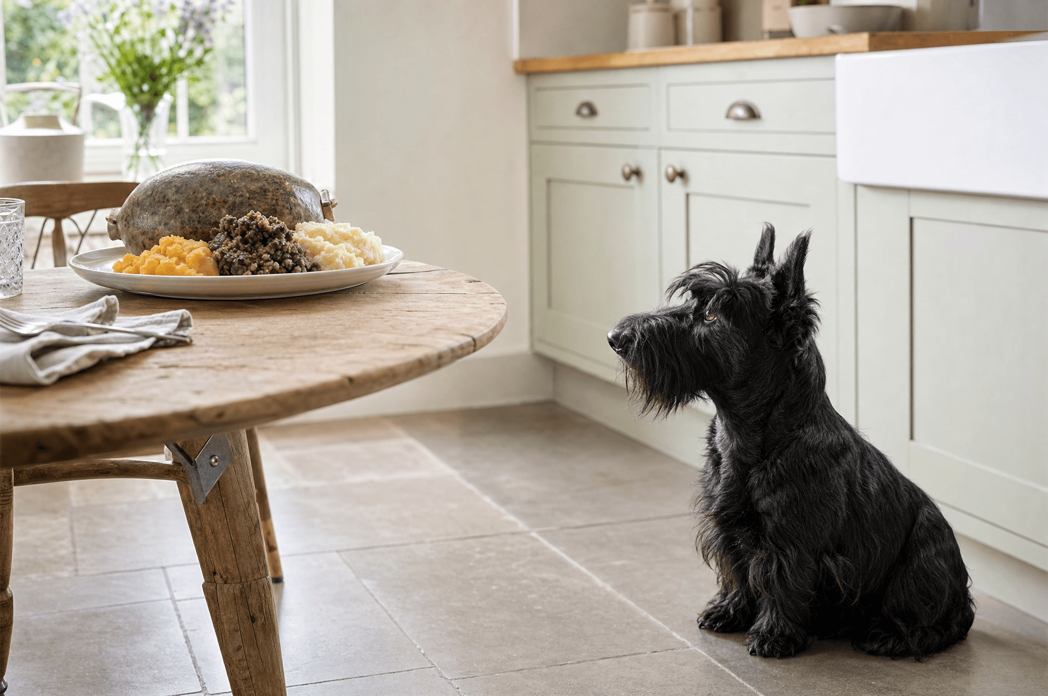 Scottish terrier at a distance from a dining table with a plated haggis
