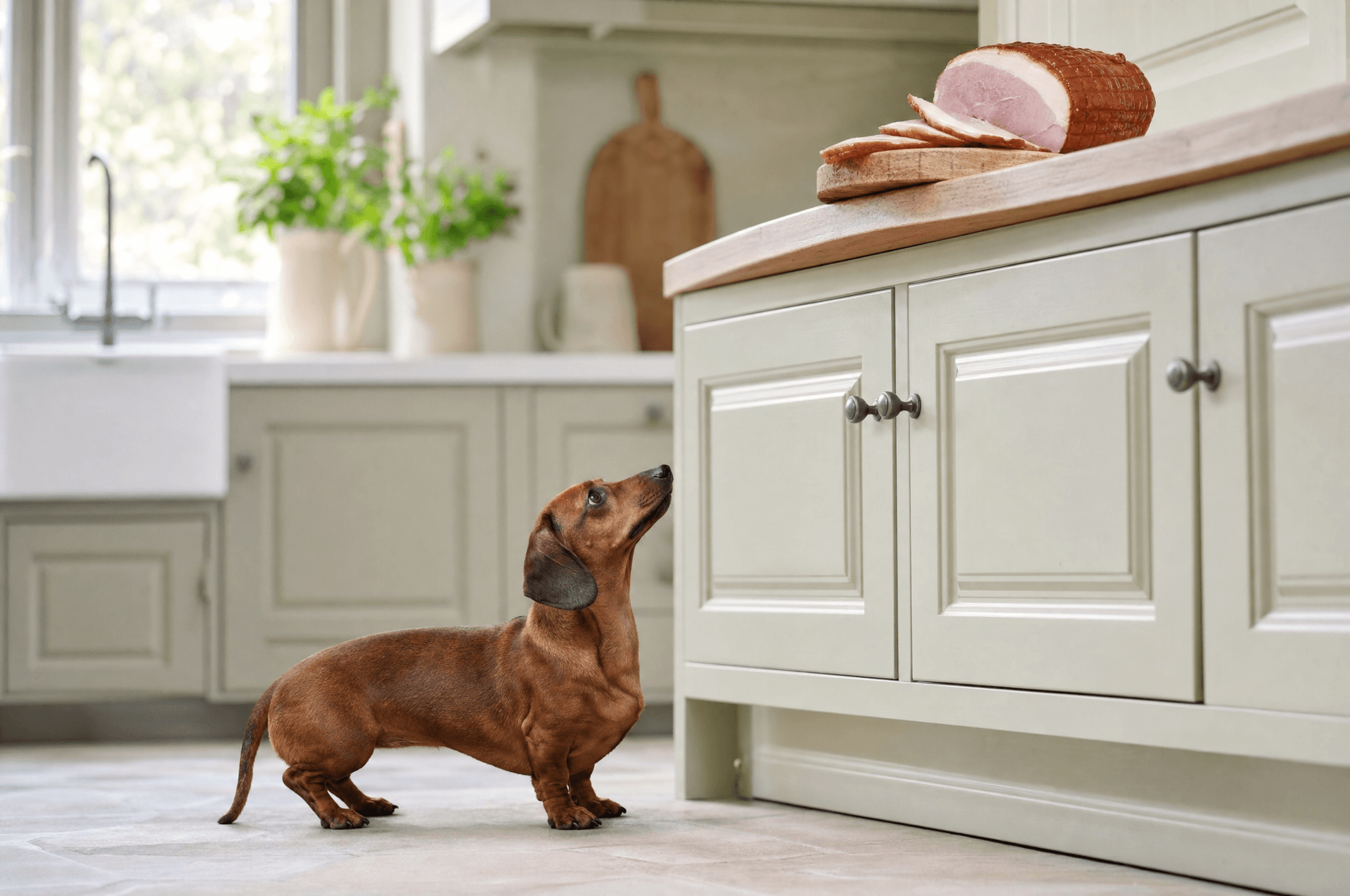 Dachshund gazing up at a sliced ham joint out of reach on a counter