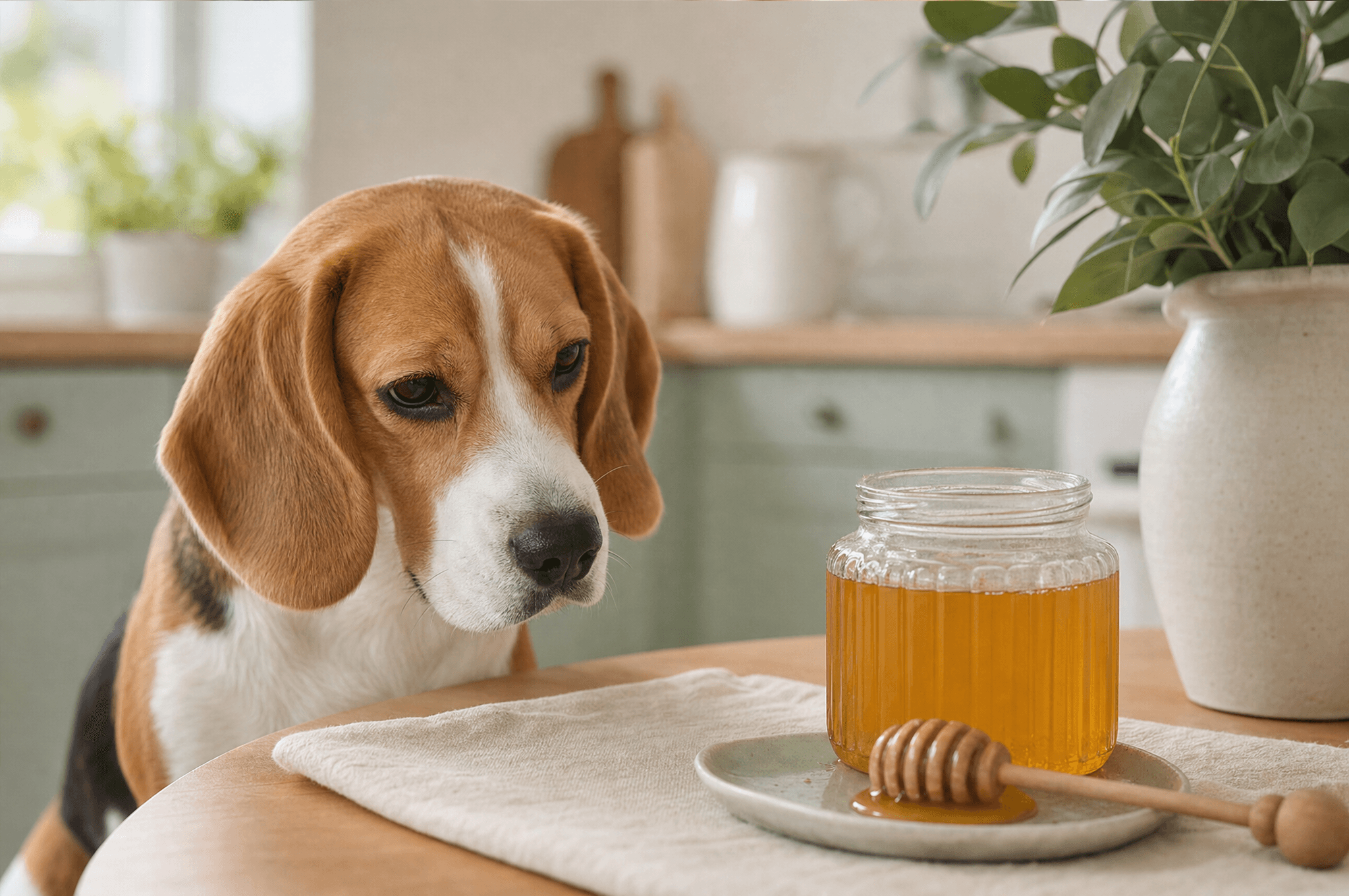 Beagle watching a jar of honey on a kitchen table