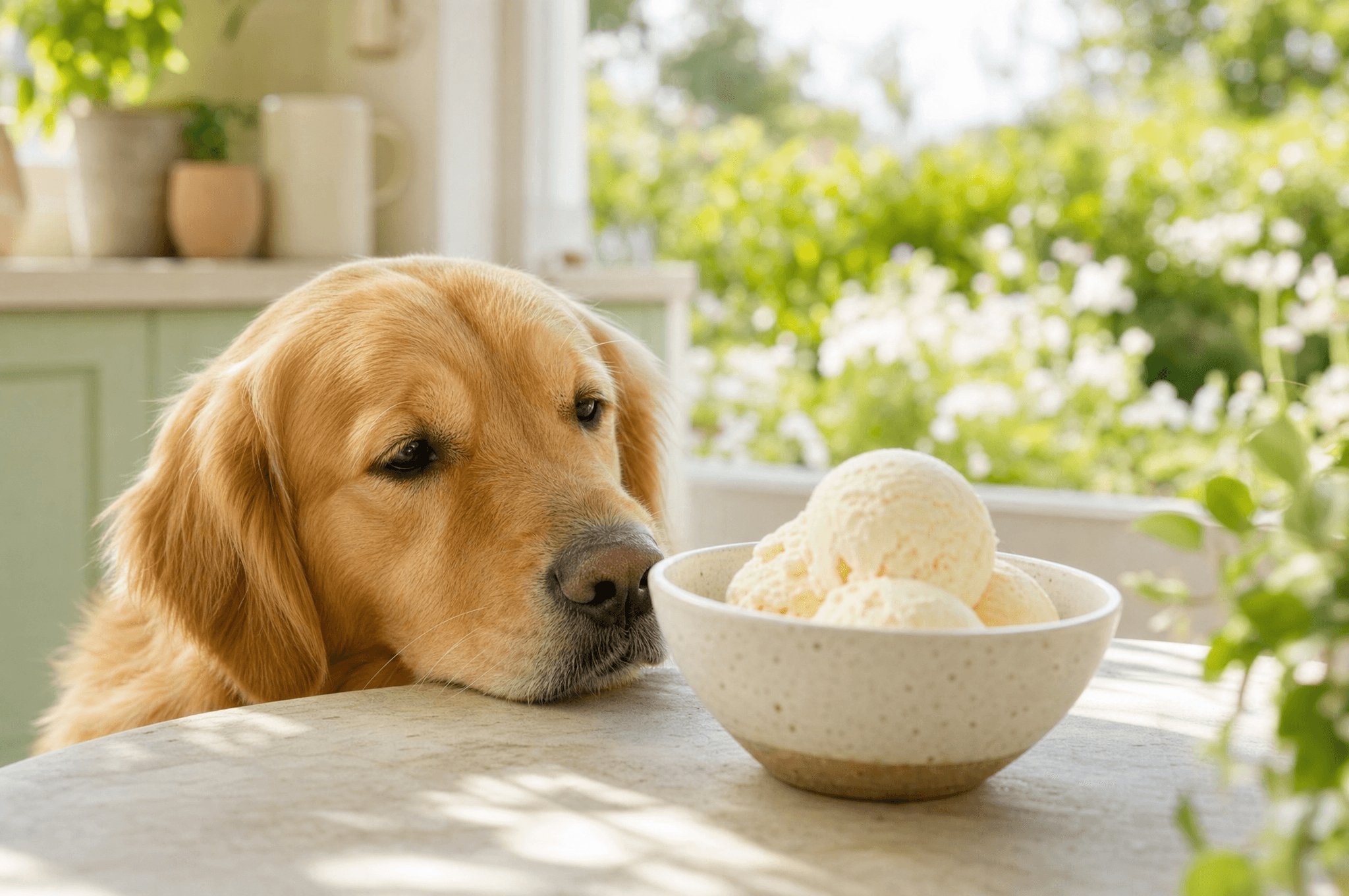 Golden retriever eyeing a bowl of vanilla ice cream in a garden