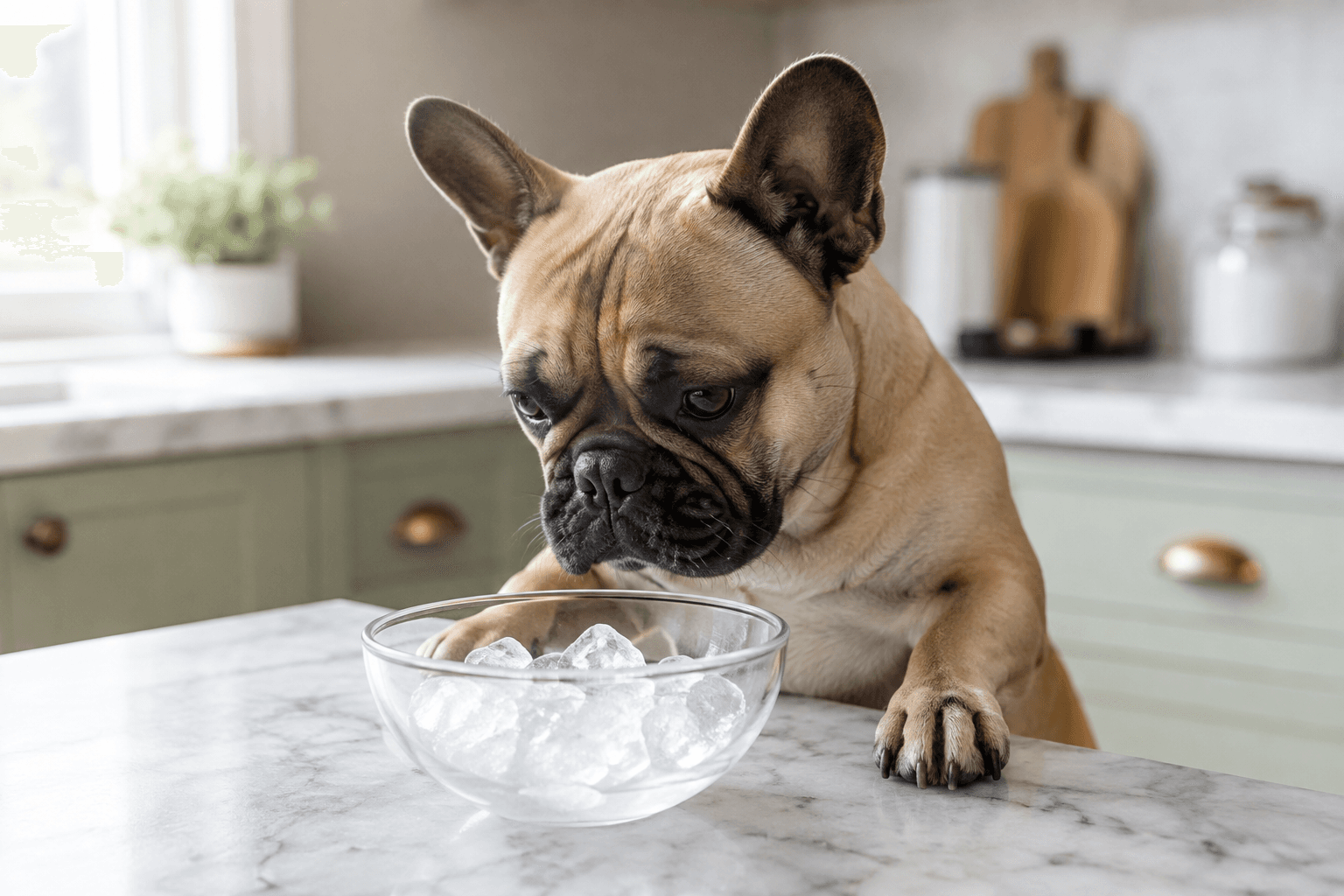 French bulldog looking at ice cubes in a glass bowl on a kitchen counter
