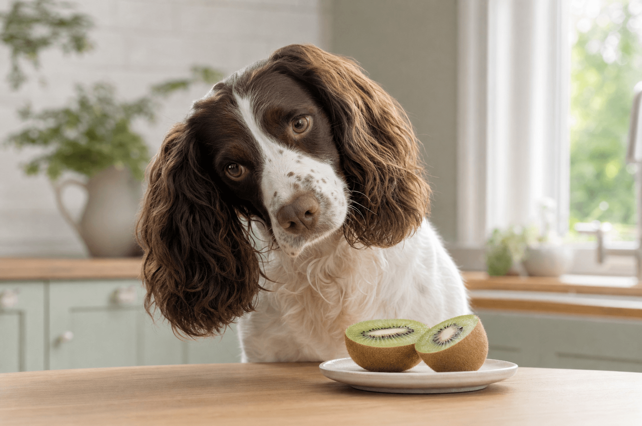 Spaniel head-tilting at halved kiwi fruit on a plate
