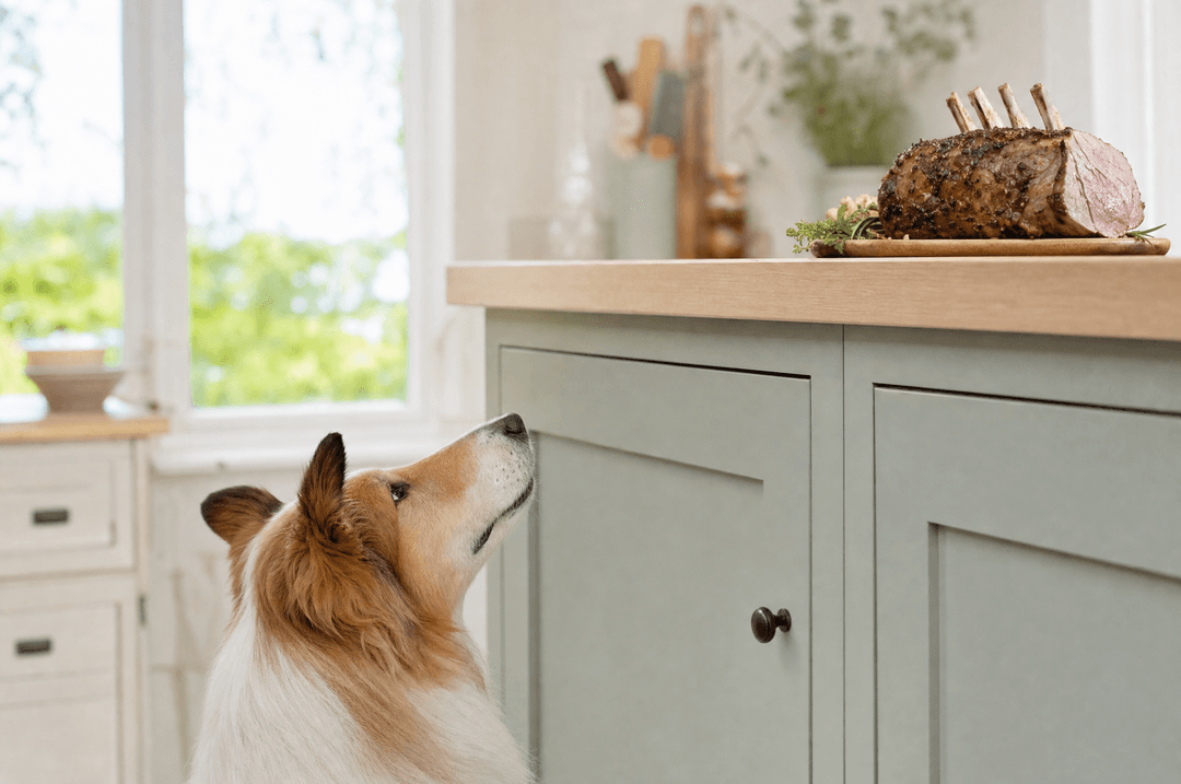 Collie looking up at a roast lamb joint out of reach on a counter