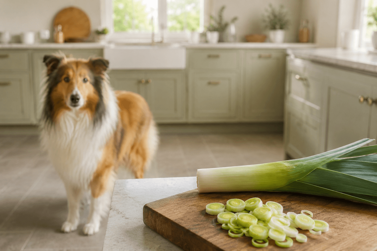 Collie at a distance from sliced leeks on a kitchen counter