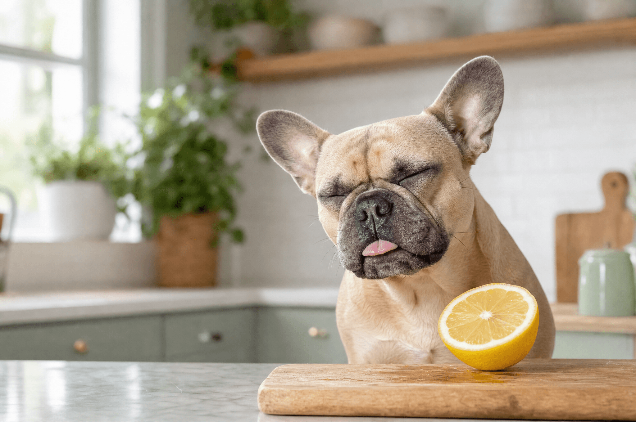 French bulldog pulling a face beside a halved lemon