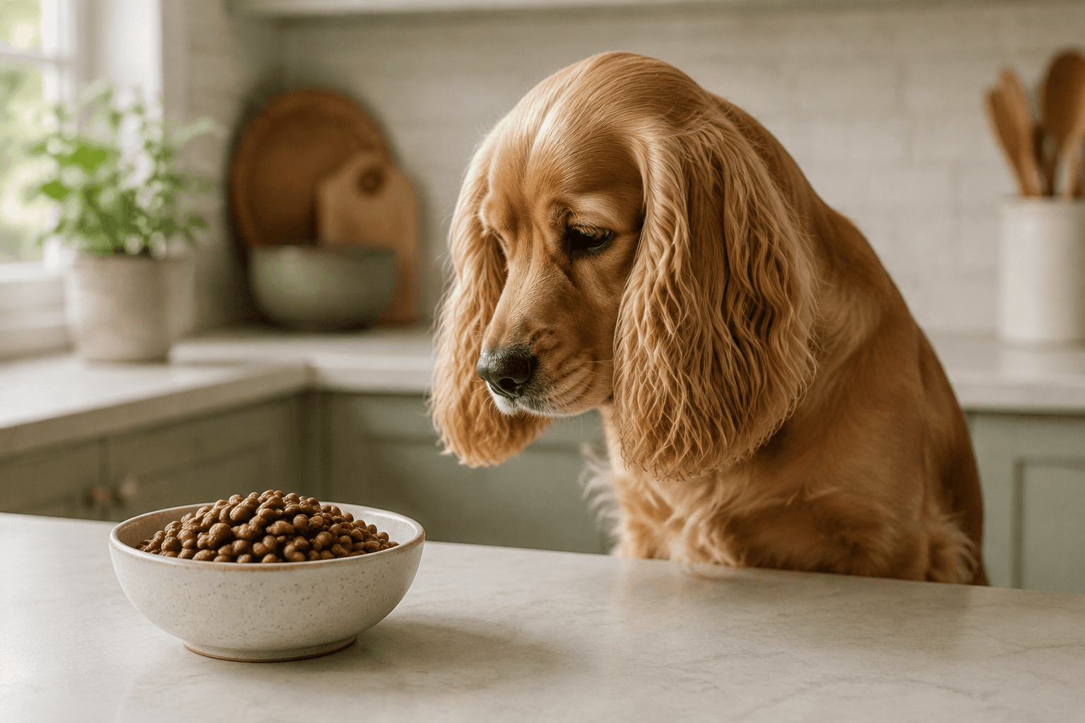 Cocker spaniel looking at a bowl of cooked brown lentils on a kitchen counter