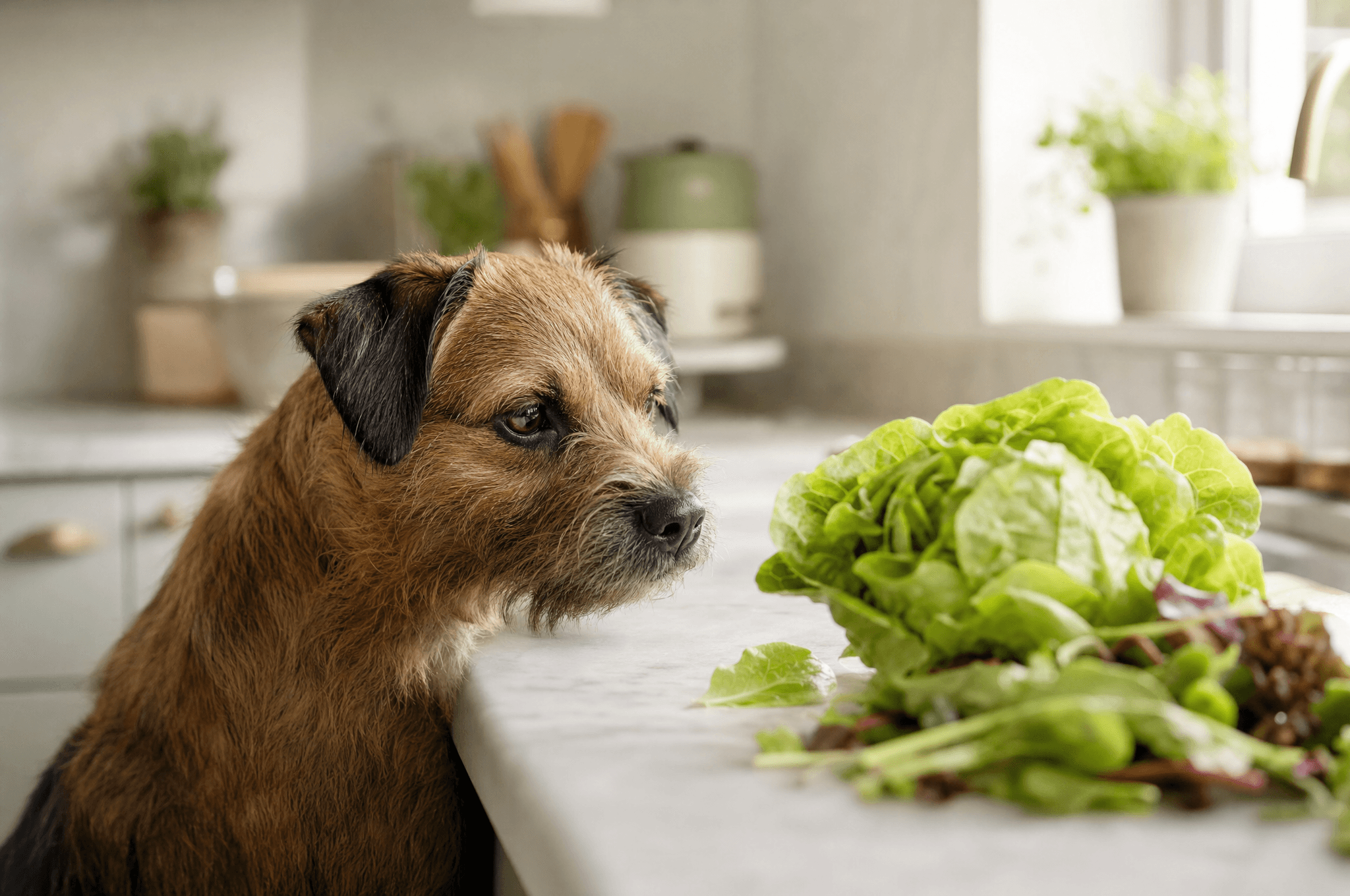 Terrier looking at a head of lettuce and salad leaves