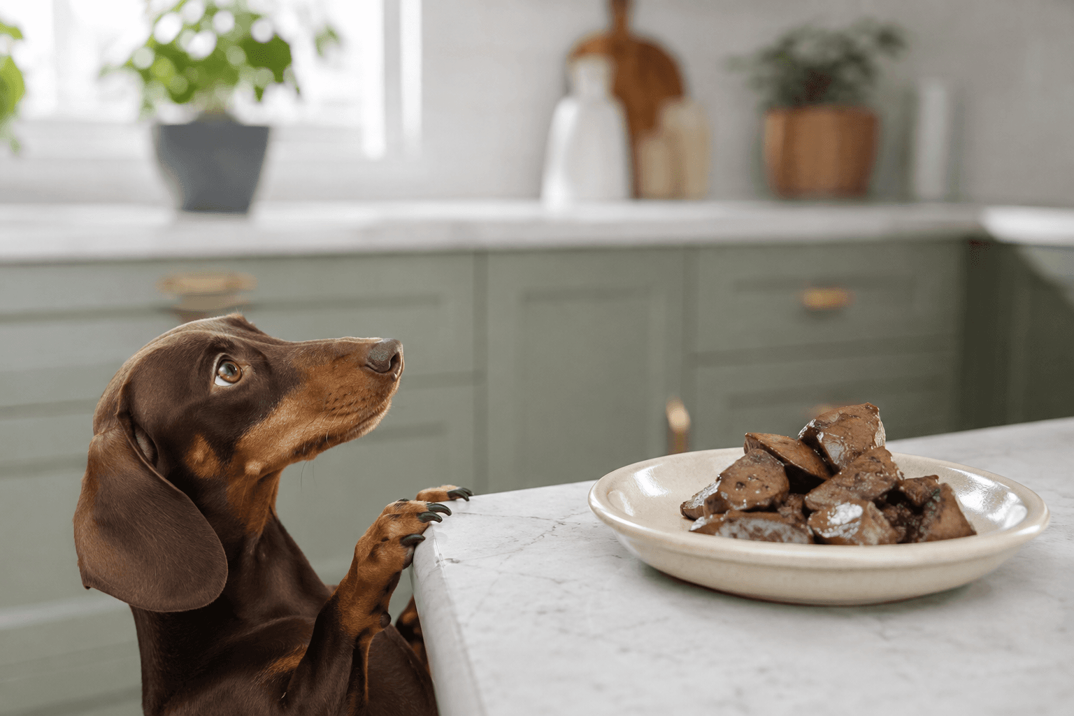 Dachshund looking up at a plate of cooked liver on a kitchen counter