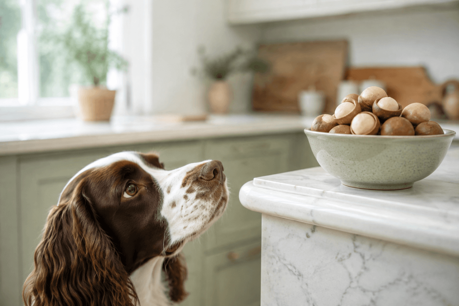Spaniel looking up at a bowl of macadamia nuts on a kitchen counter, out of reach