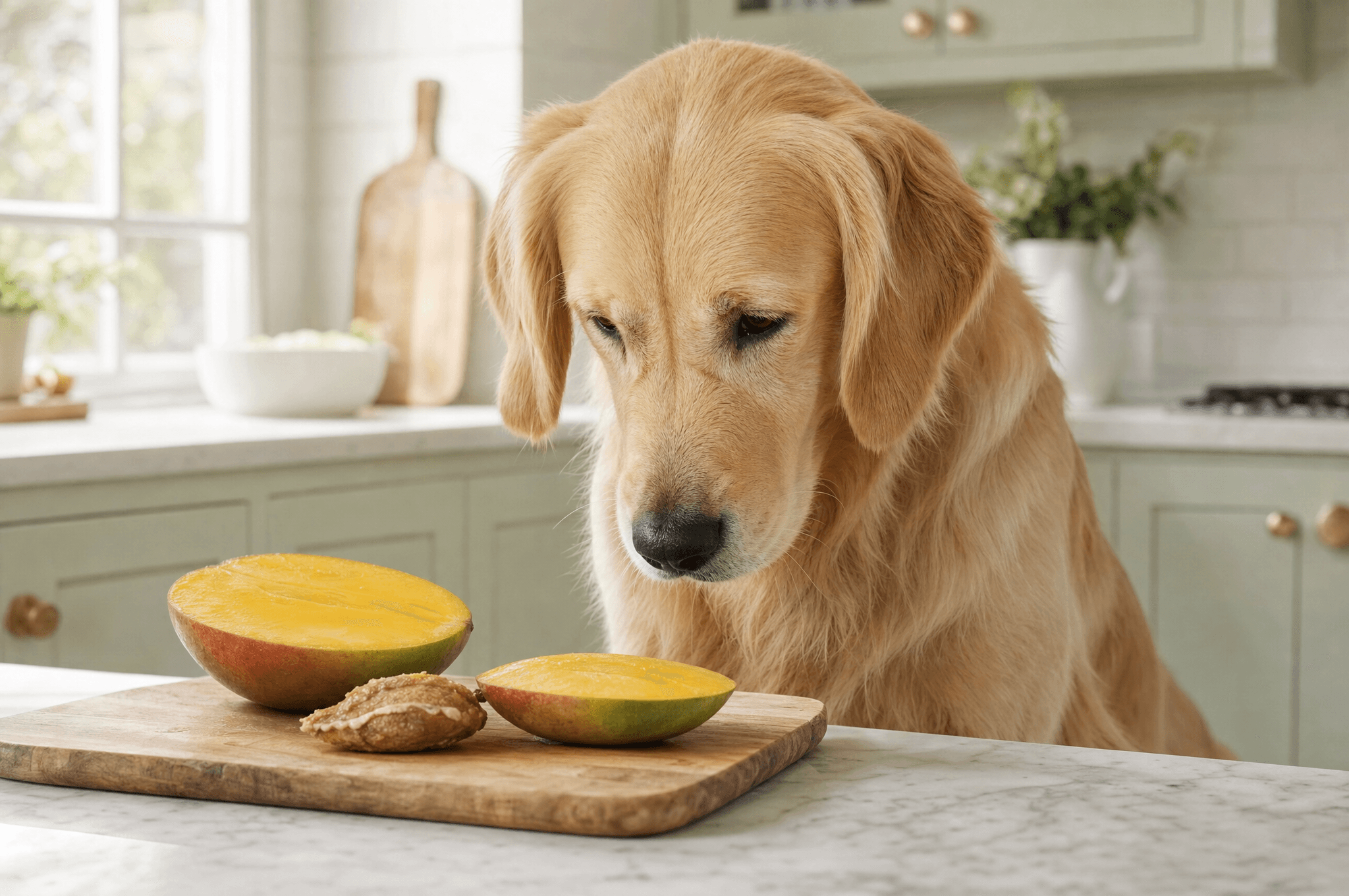 Golden retriever looking at a halved mango on a chopping board