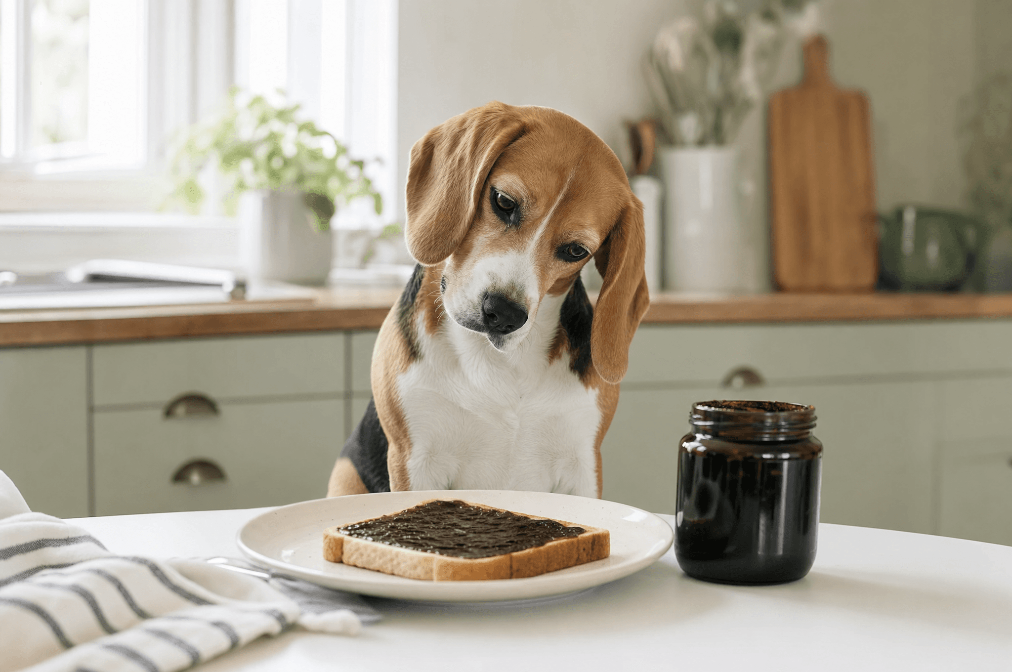 Beagle at a kitchen table looking at a slice of toast spread with yeast extract