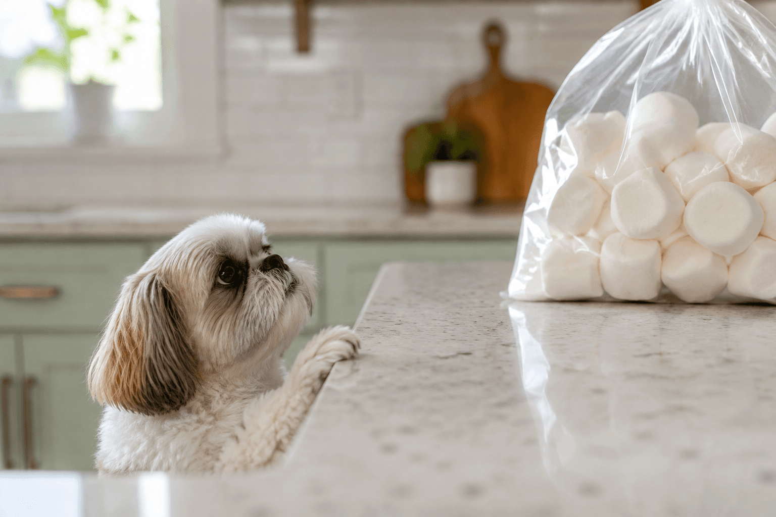 Shih tzu looking up at a bag of marshmallows on a kitchen counter