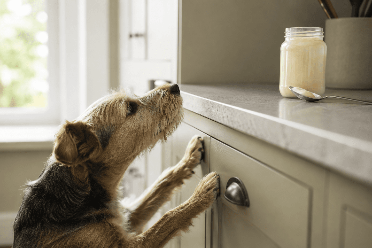Terrier looking up at a jar of mayonnaise and a spoon on a kitchen counter, out of reach