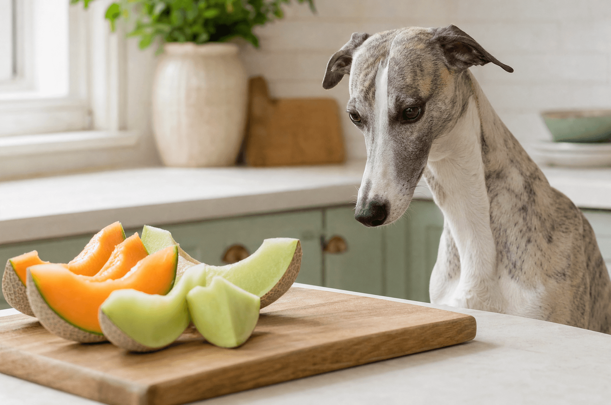 Whippet looking at wedges of melon on a chopping board