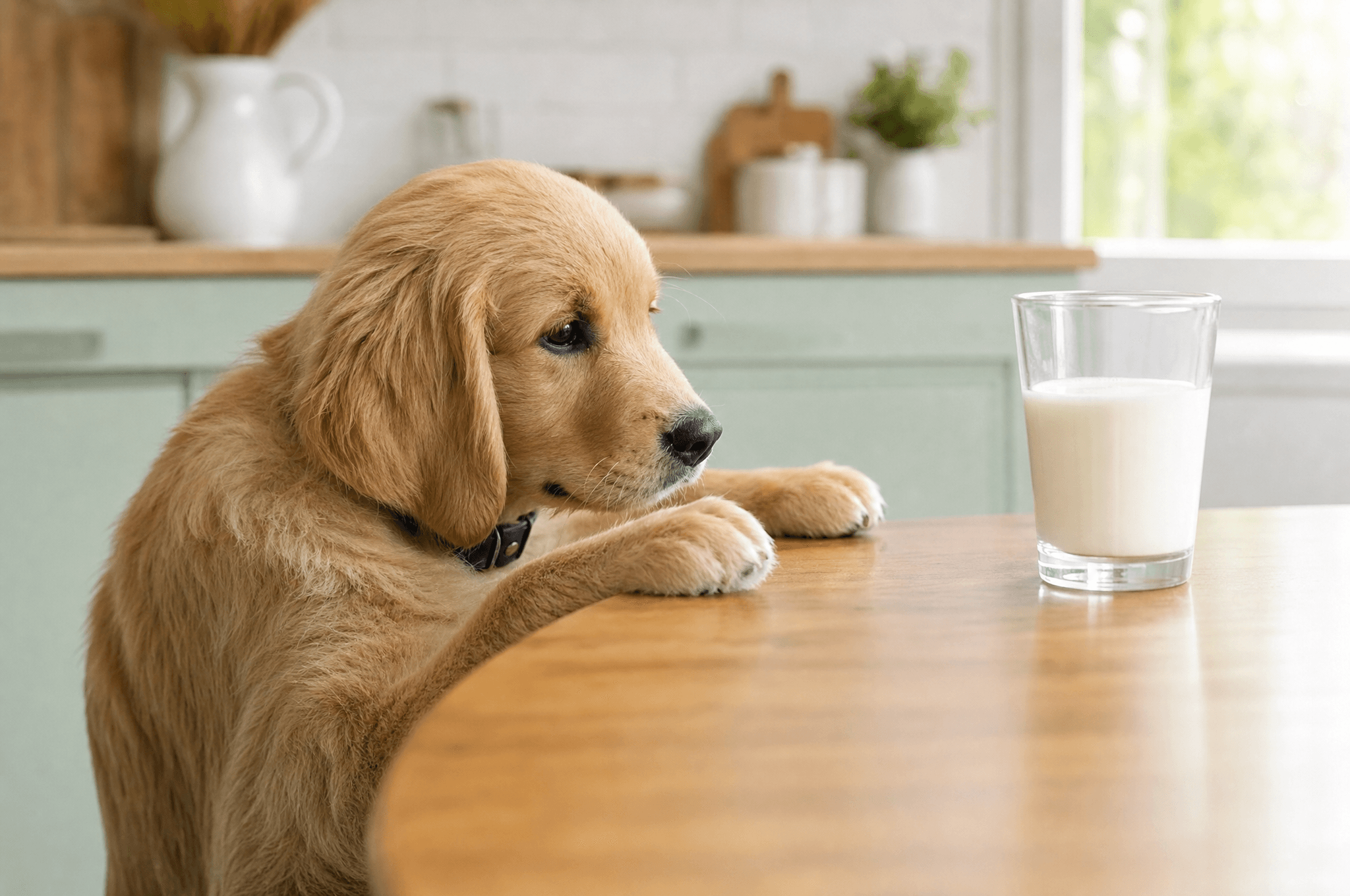 Puppy looking at a glass of milk out of reach on a table