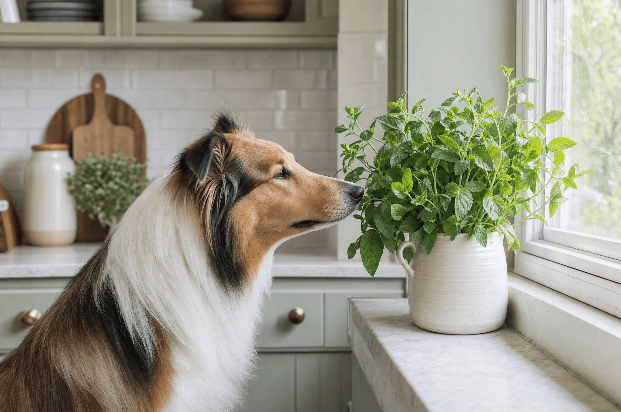 Collie sniffing a bunch of fresh garden mint on a windowsill