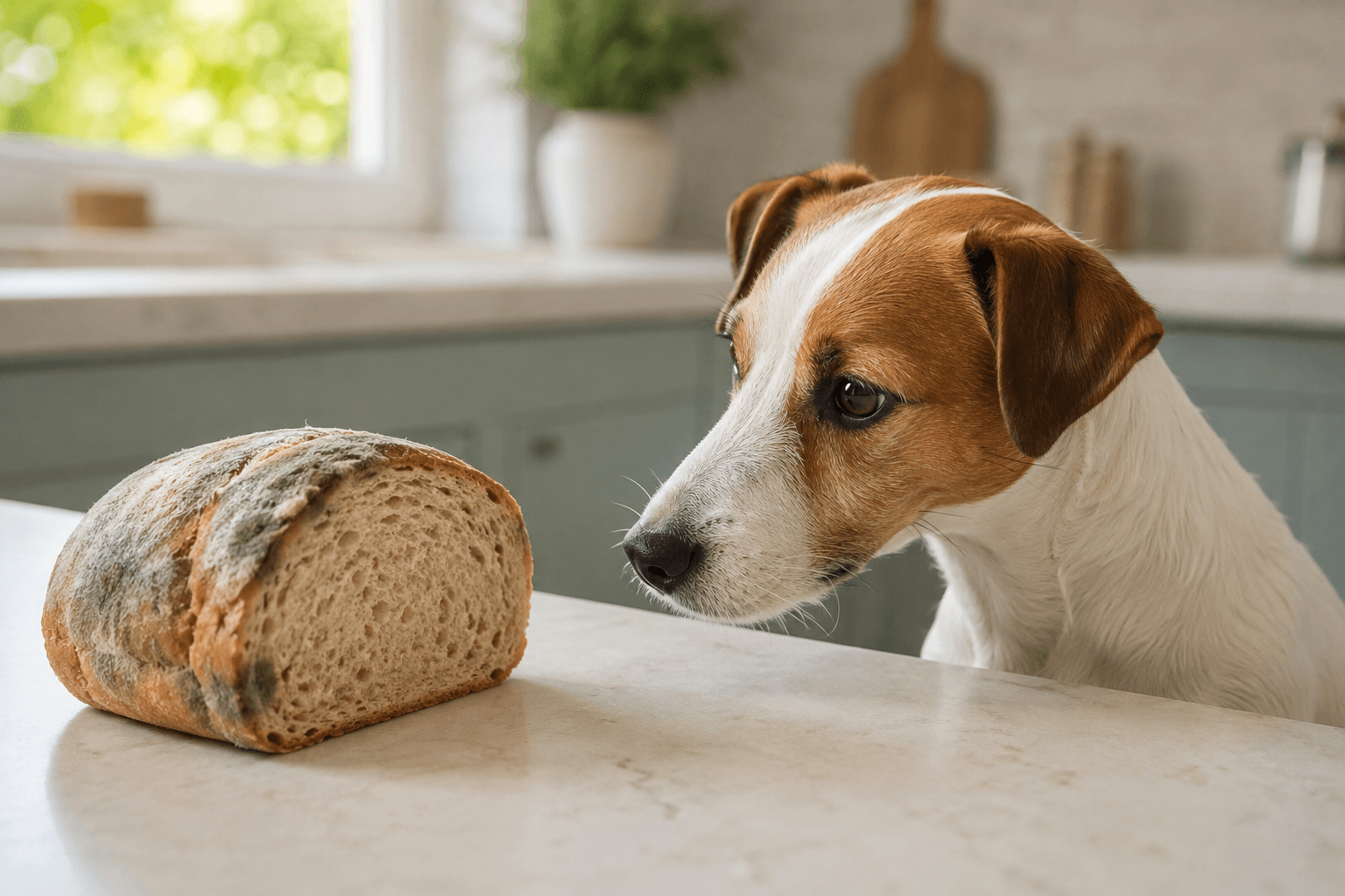 Jack russell sniffing at a mouldy half loaf of bread on a kitchen counter, not touching it