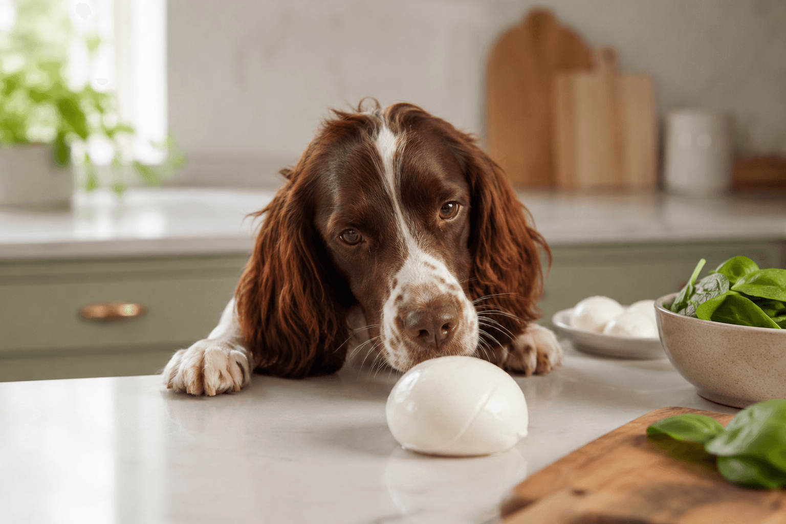 Spaniel being offered a ball of mozzarella on a kitchen counter