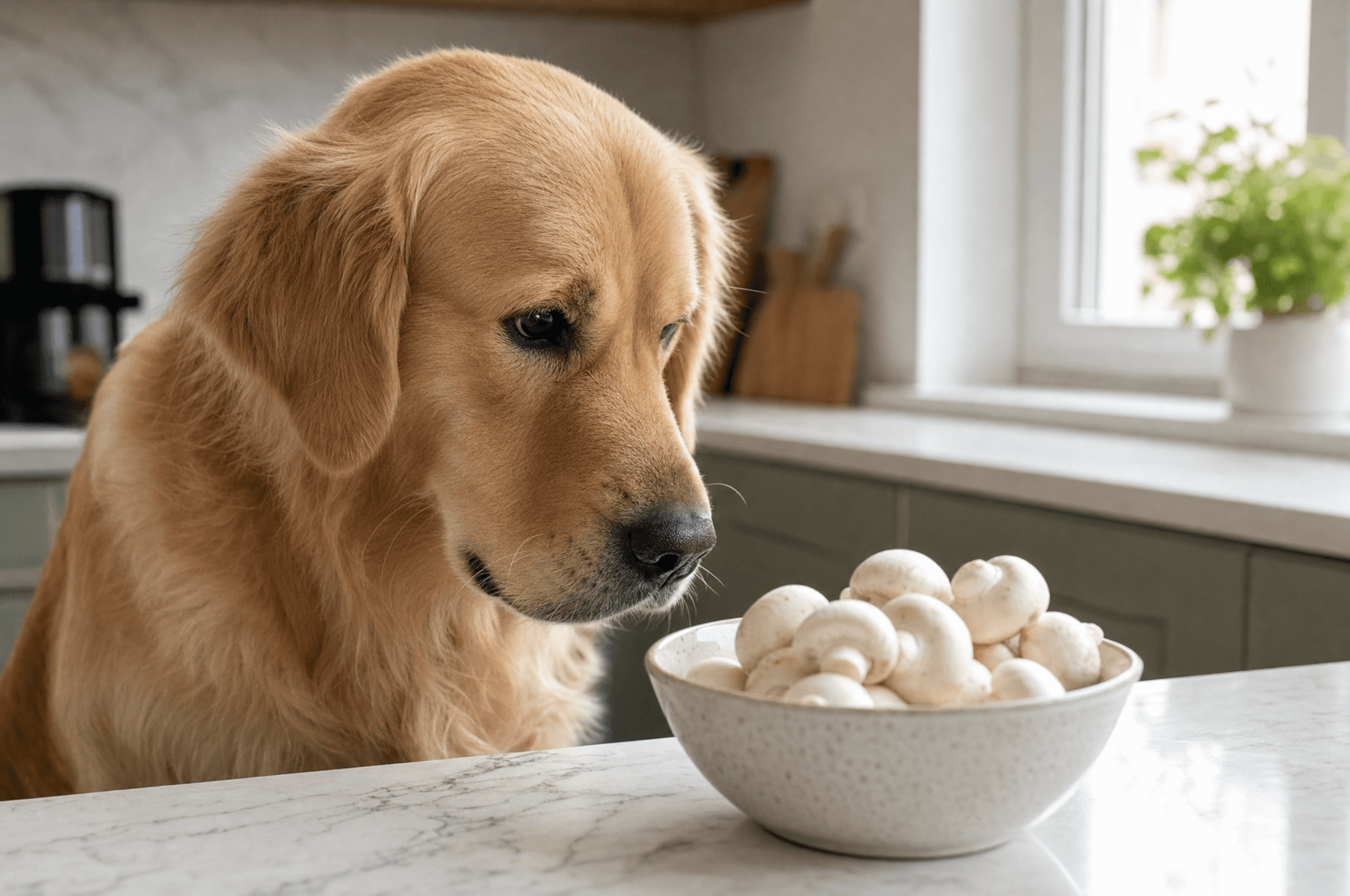Retriever looking at a bowl of shop mushrooms on a counter