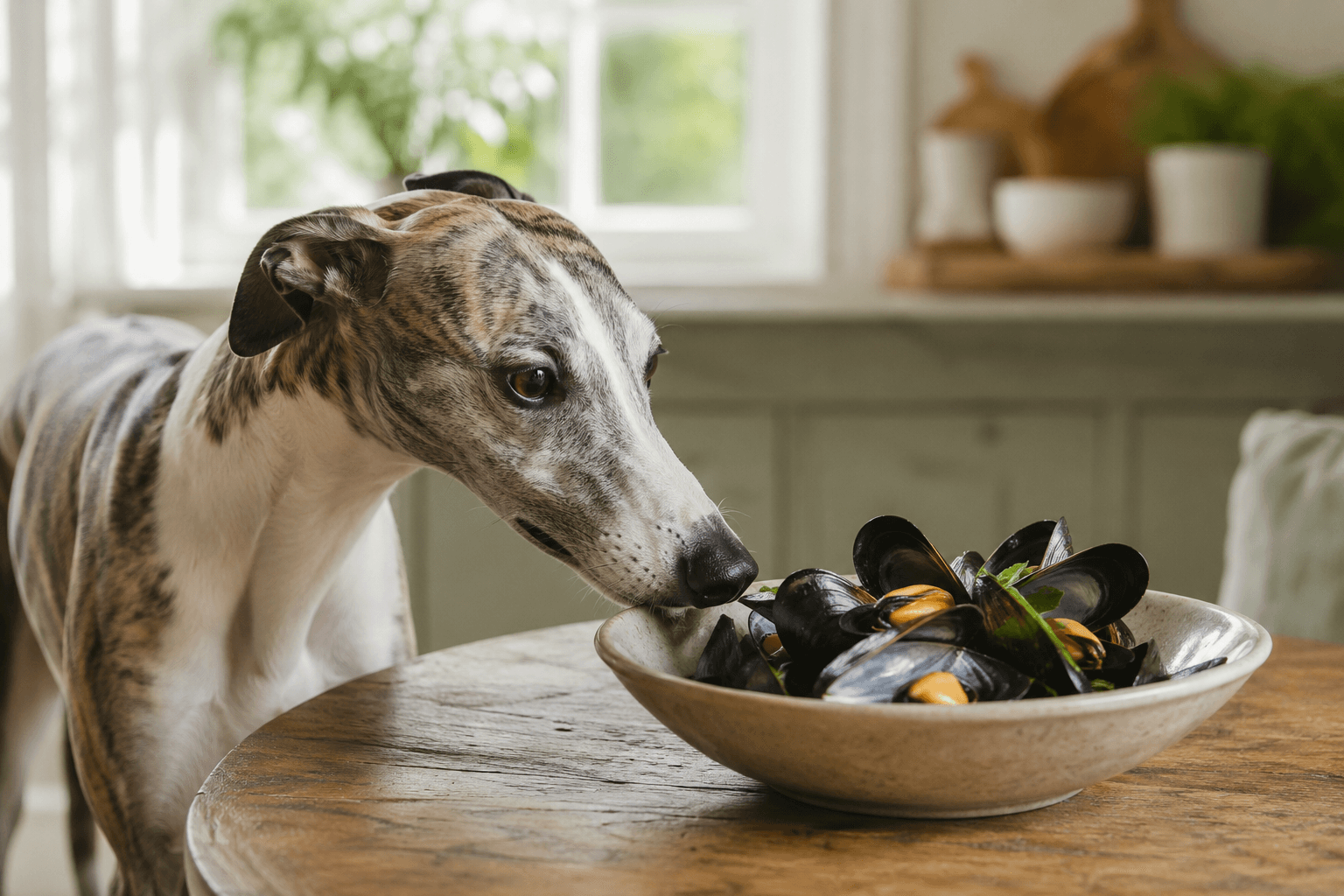 Whippet sniffing at a bowl of cooked mussels in their shells on a wooden table