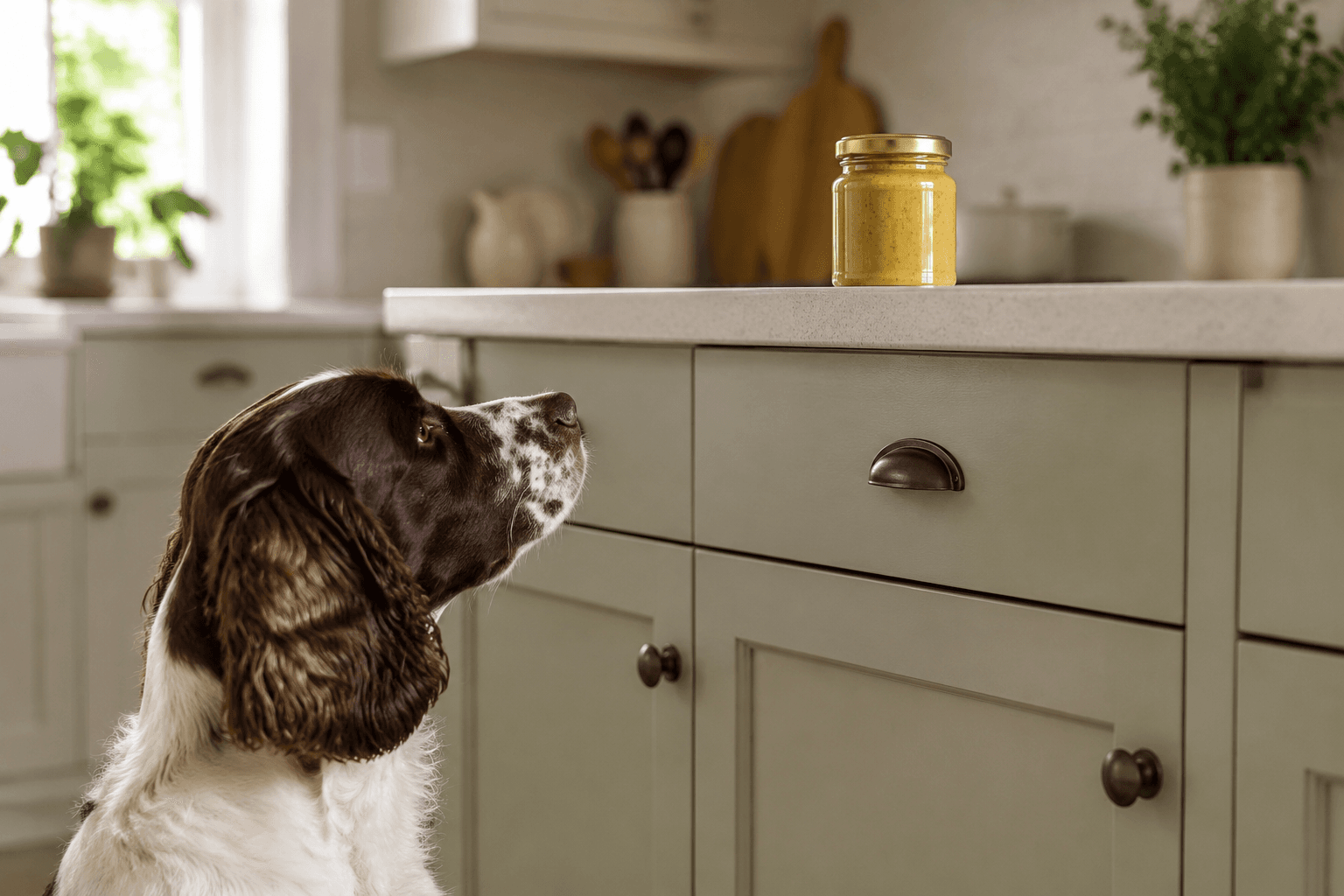 Spaniel looking up at a jar of mustard on a kitchen counter, out of reach