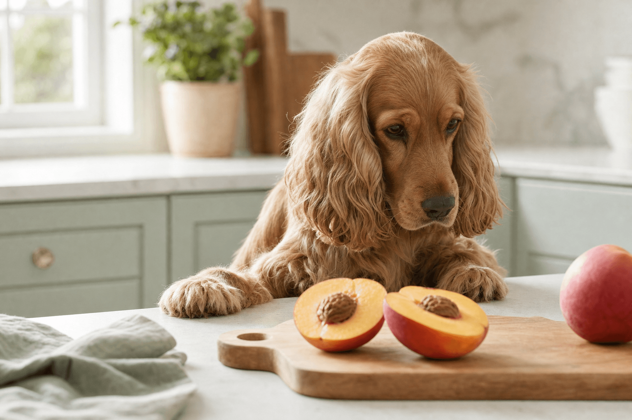 Cocker spaniel looking at halved nectarines with stones visible