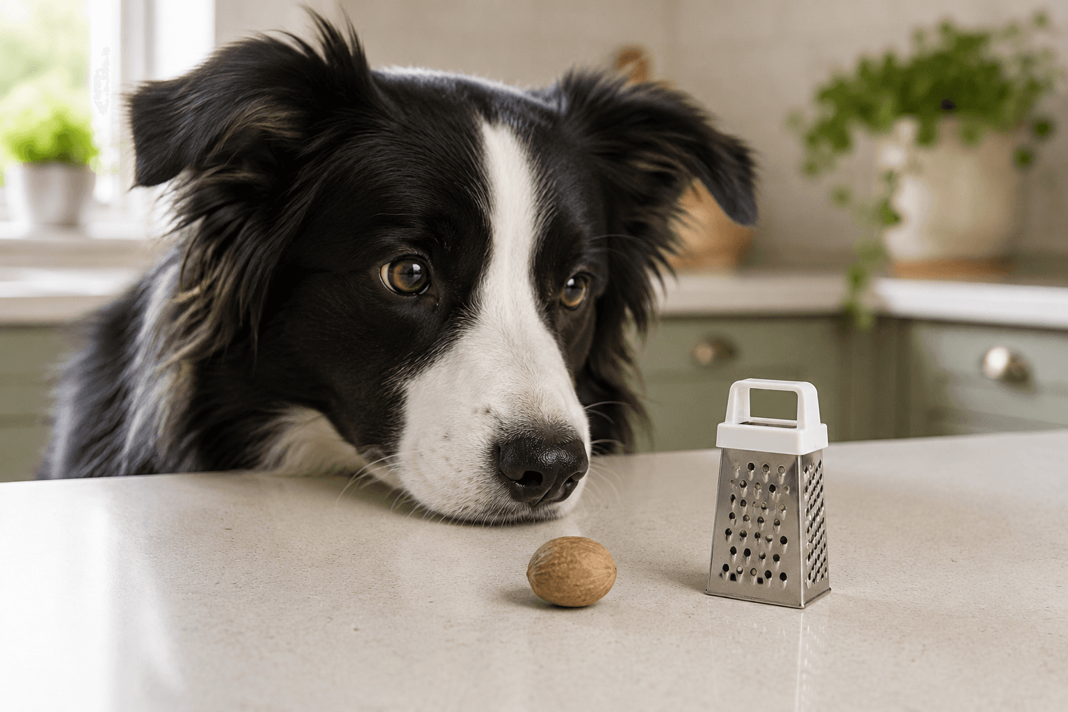 Border collie looking at a whole nutmeg and a small grater on a kitchen counter