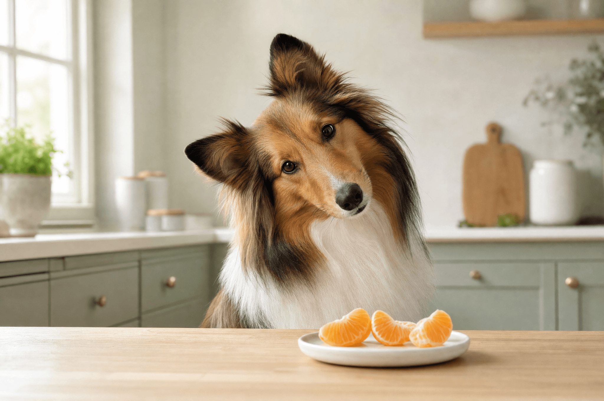 Collie head-tilting at peeled orange segments on a plate