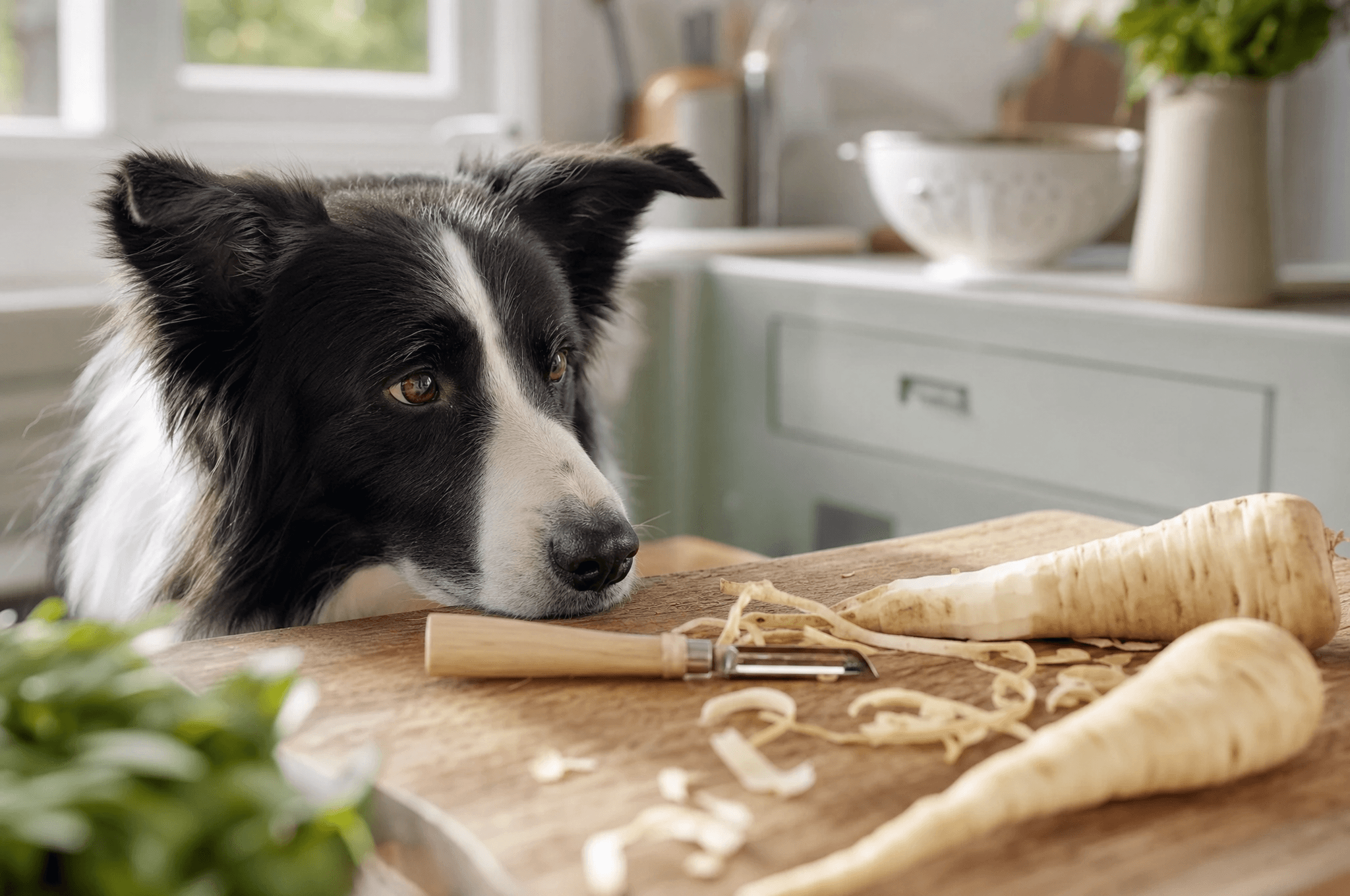 Border collie watching parsnips being peeled on a chopping board