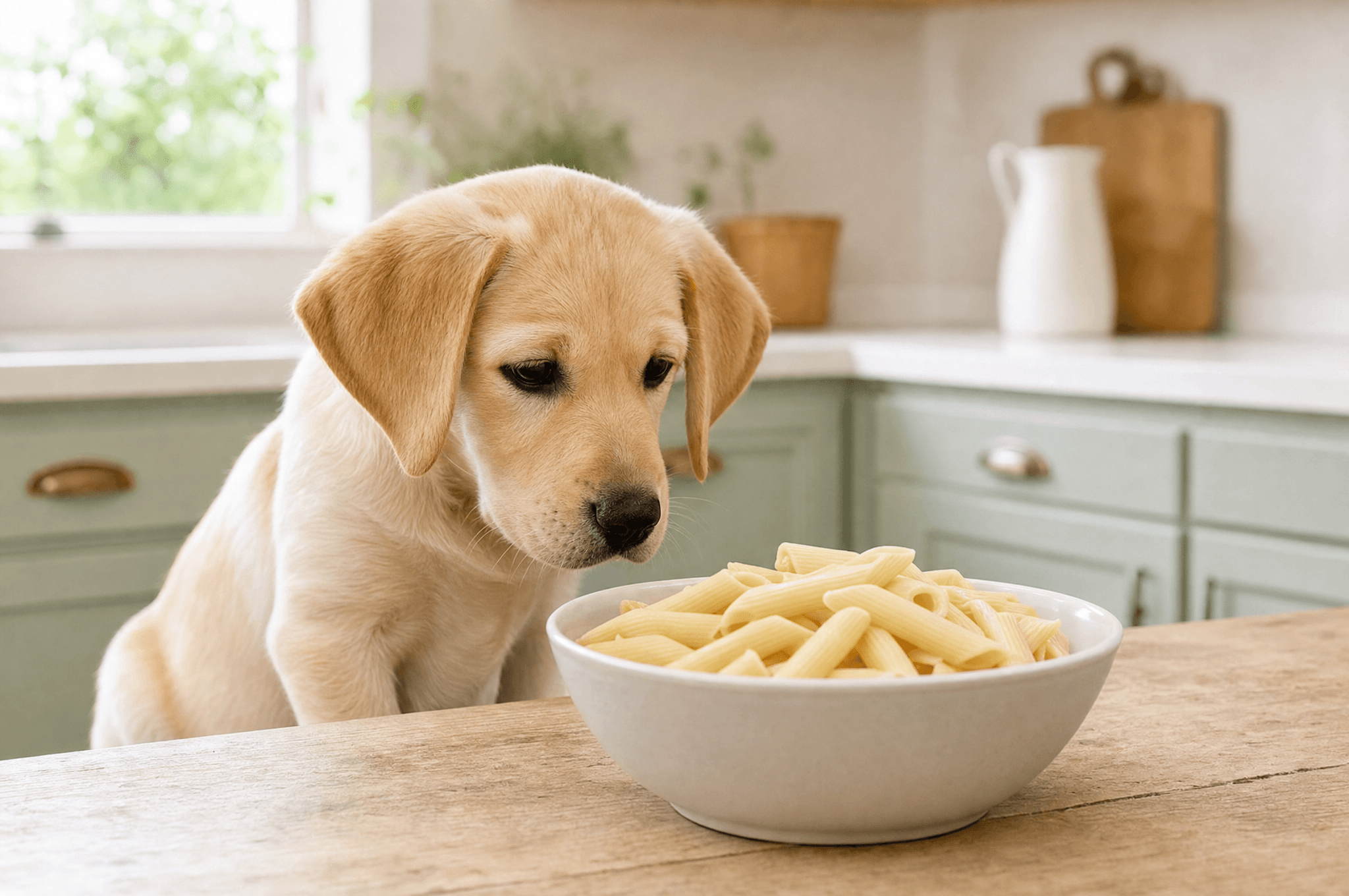 Labrador puppy looking at a bowl of plain cooked pasta