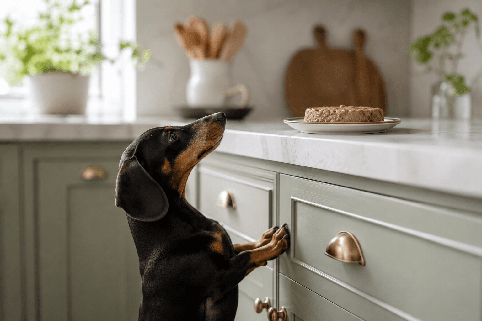 Dachshund looking up at a dish of pate on a kitchen counter, out of reach