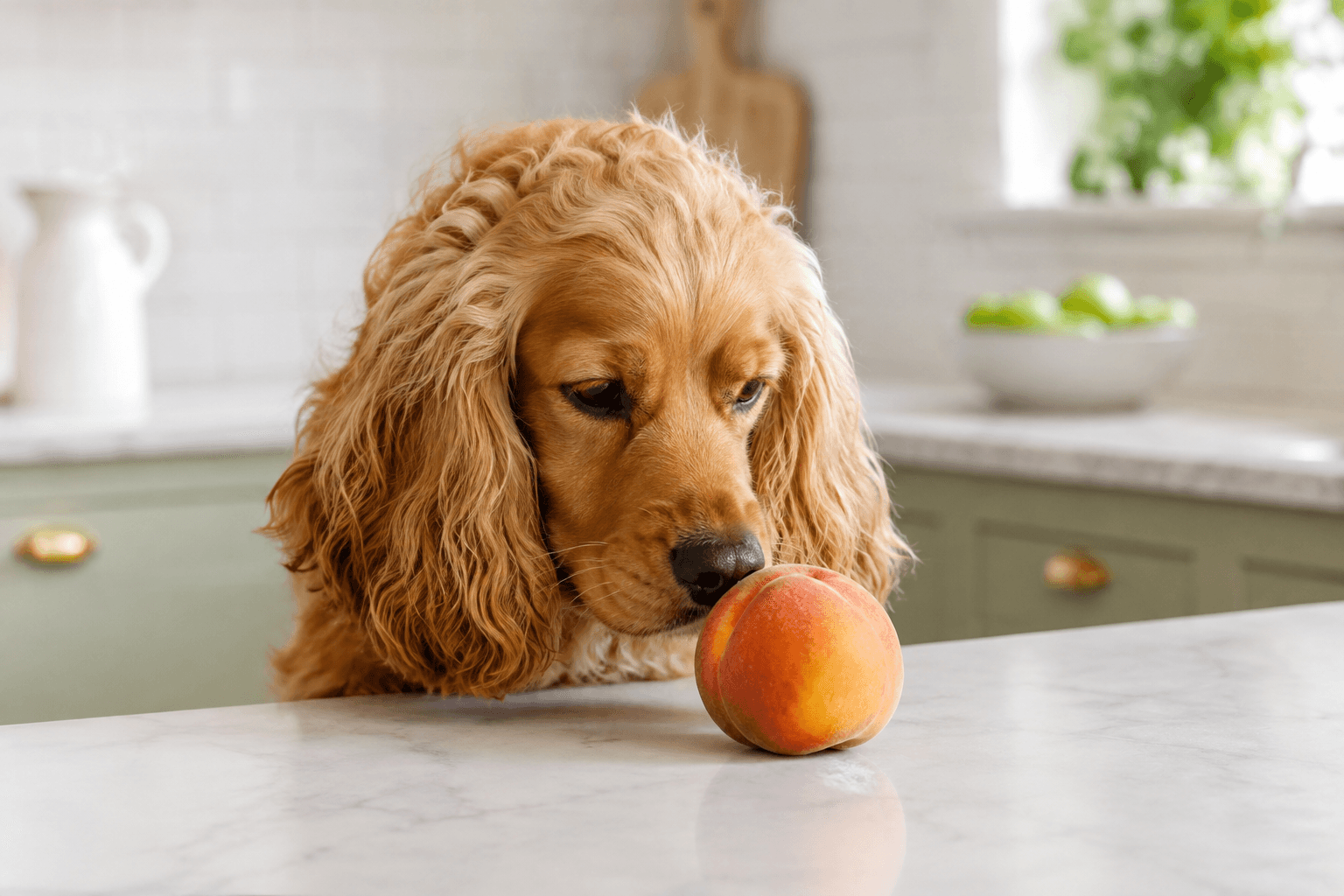 Cocker spaniel sniffing a whole peach on a kitchen counter