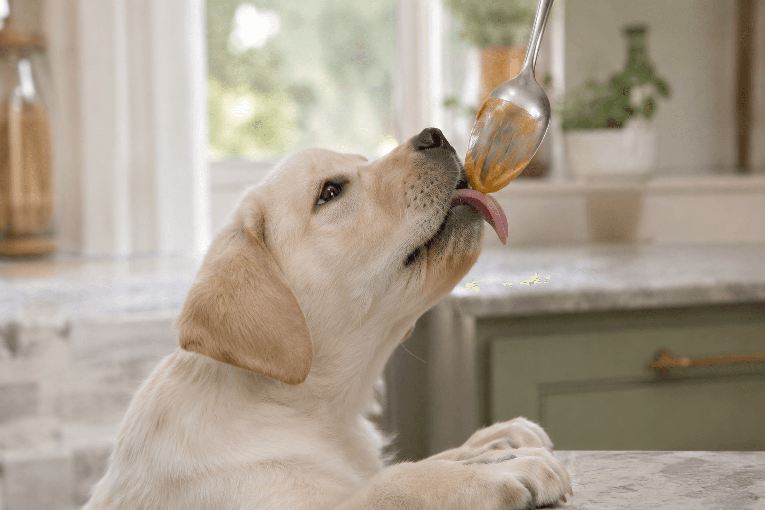Labrador puppy licking peanut butter off a spoon above a kitchen counter