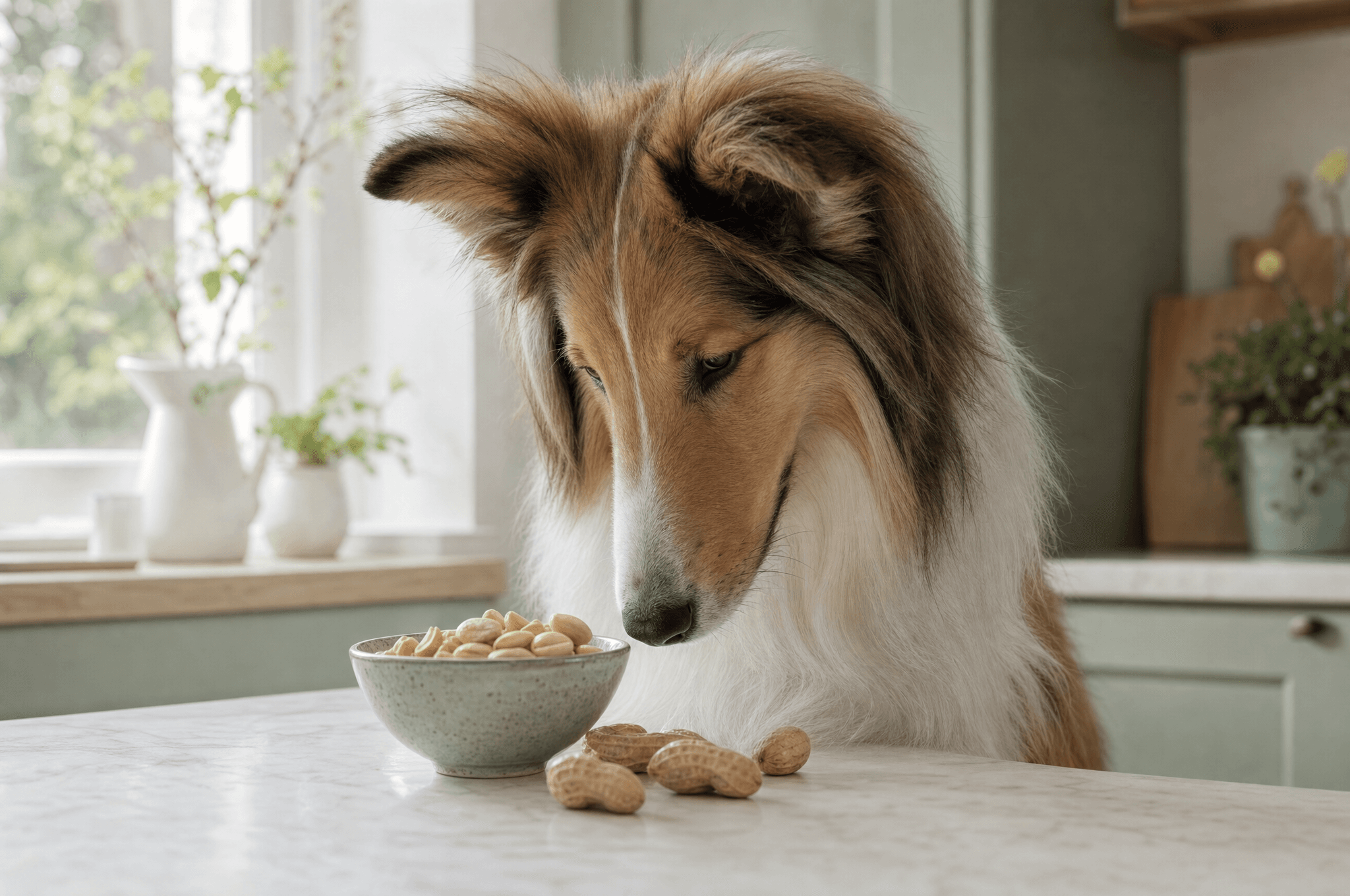 Collie looking at a bowl of shelled peanuts and monkey nuts