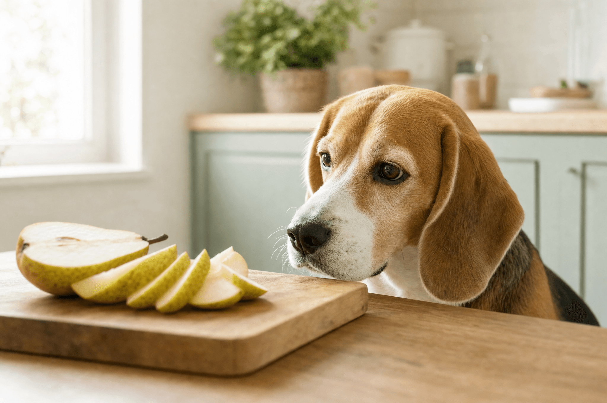 Beagle watching a ripe pear being sliced on a wooden board