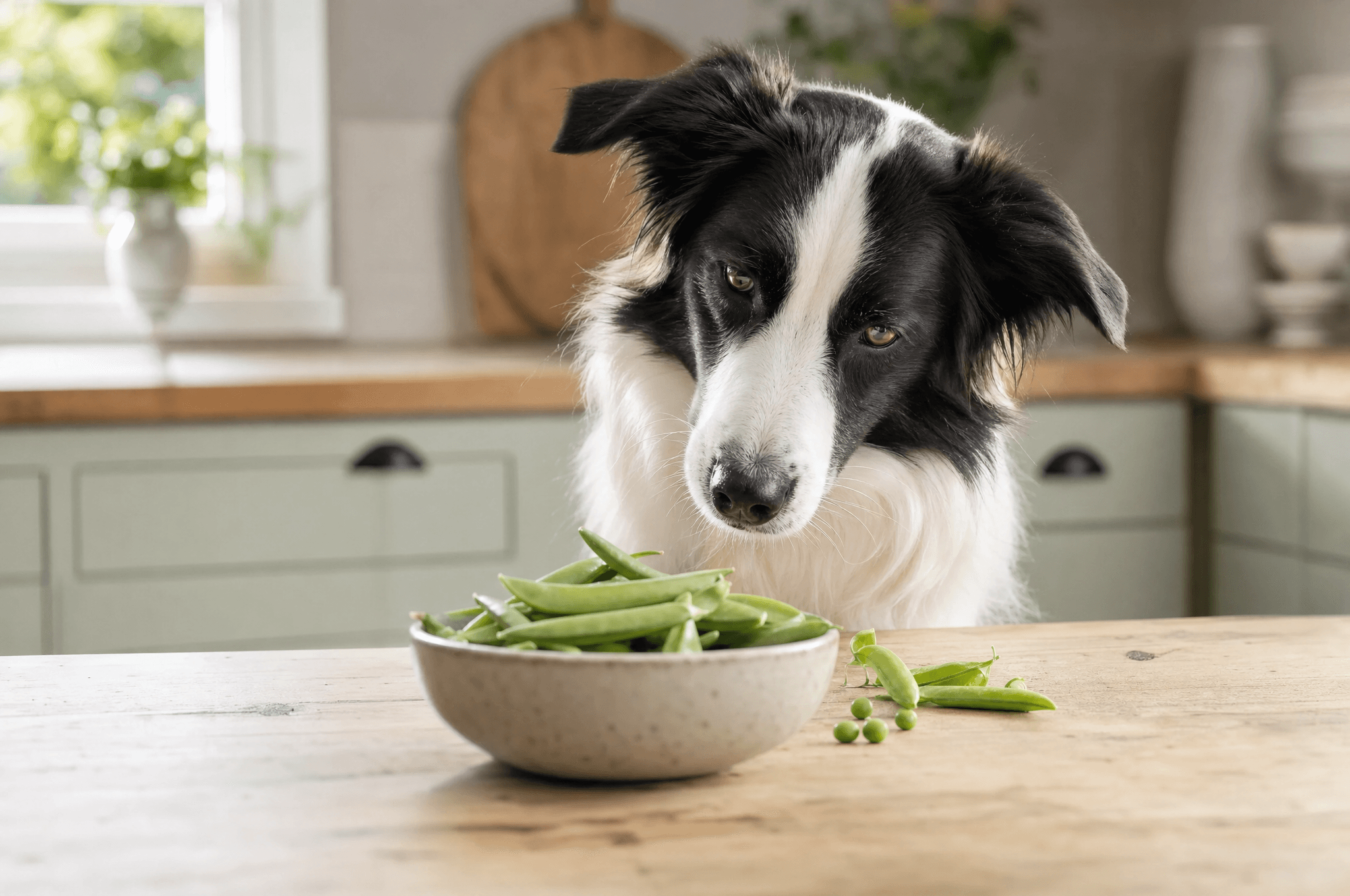Border collie looking at a bowl of fresh peas in their pods