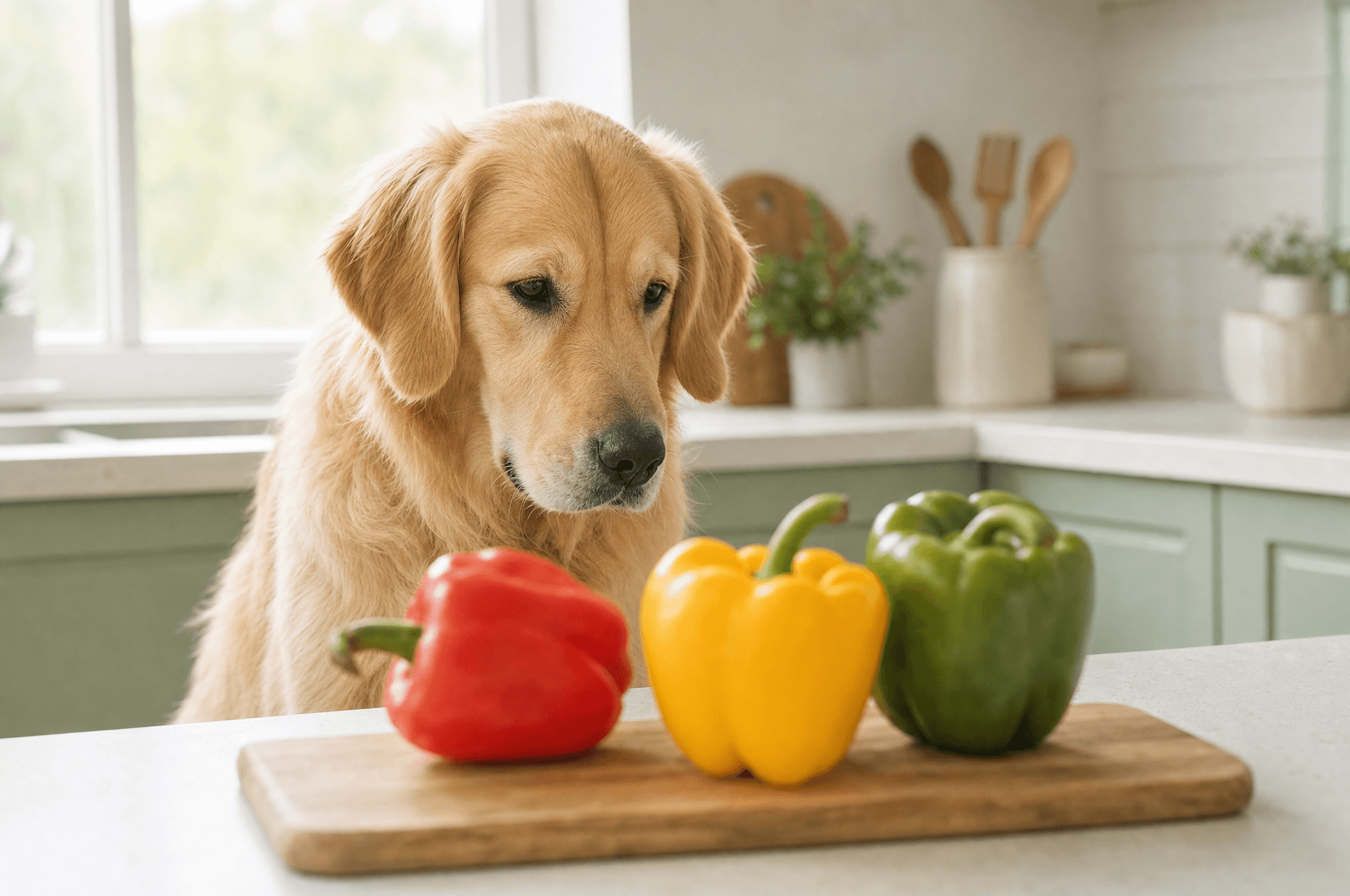 Retriever looking at red, yellow and green peppers on a board