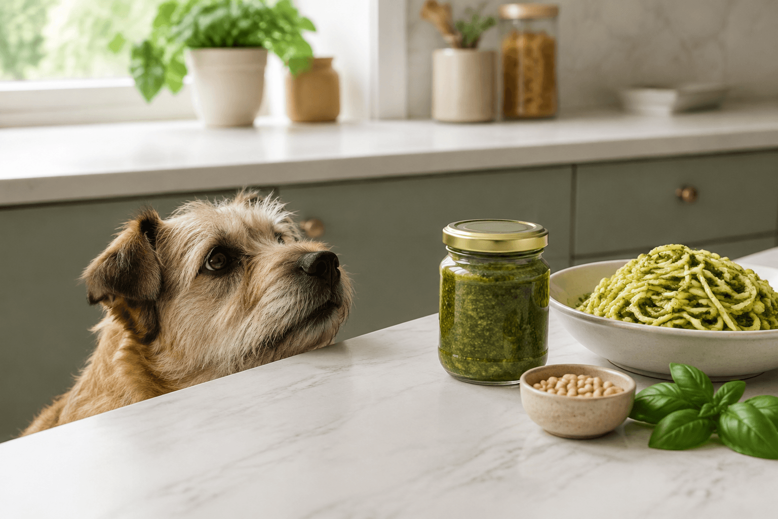 Terrier looking up at a jar of pesto and a bowl of pasta, out of reach
