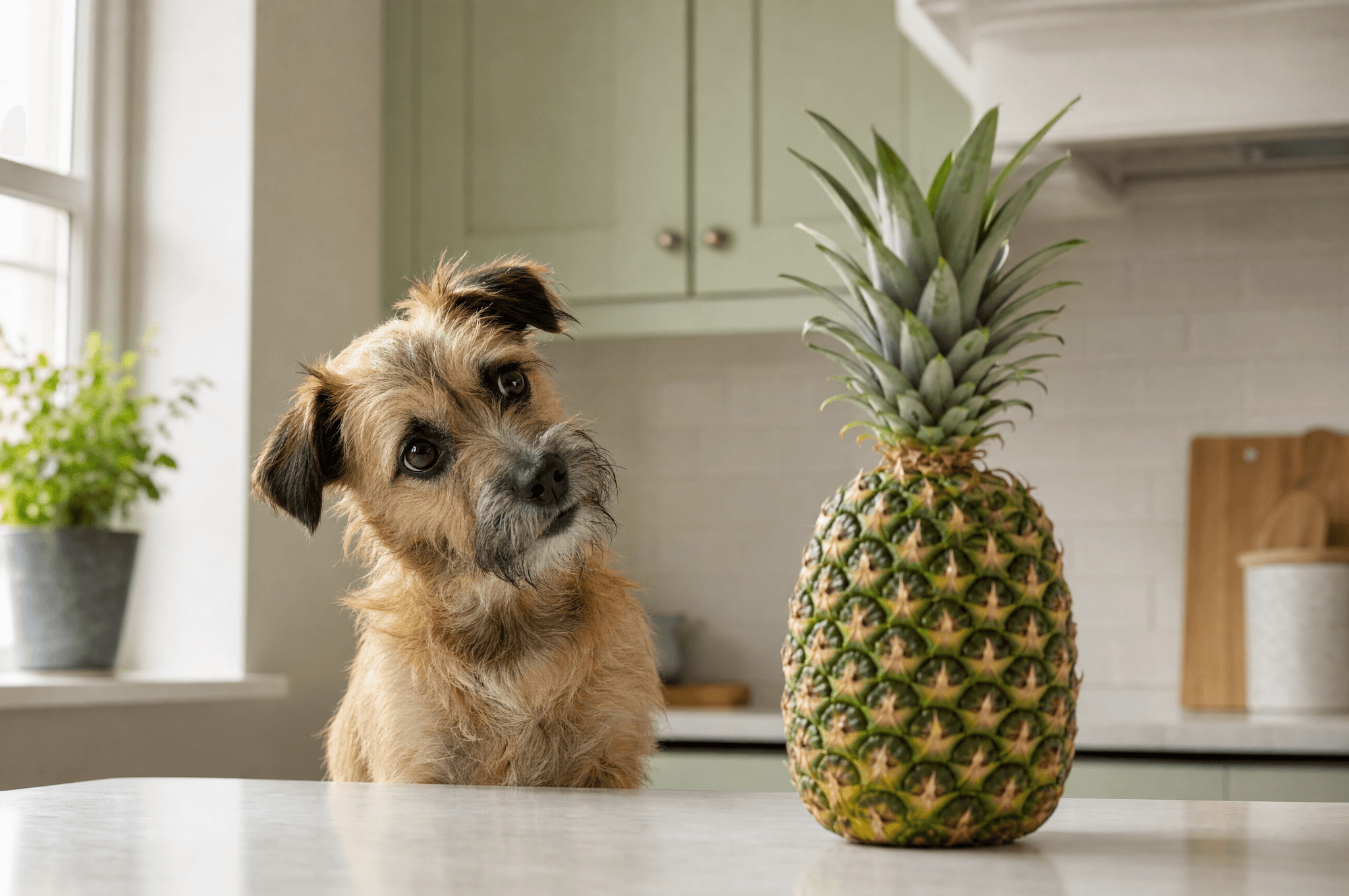 Terrier head-tilting at a whole pineapple on a kitchen counter