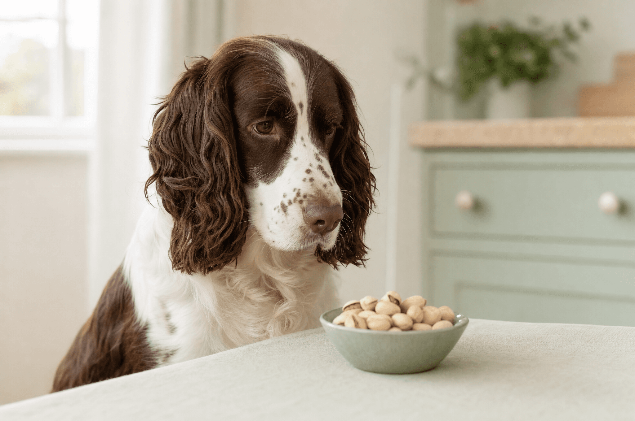 Spaniel looking at a small bowl of pistachios in their shells