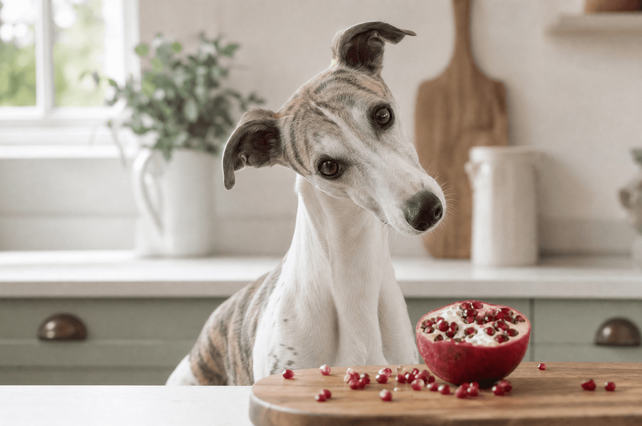 Whippet head-tilting at a halved pomegranate on a board