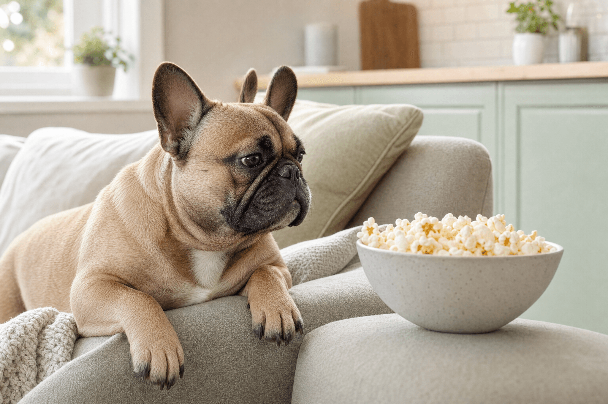 French bulldog looking at a bowl of plain popcorn on a sofa arm