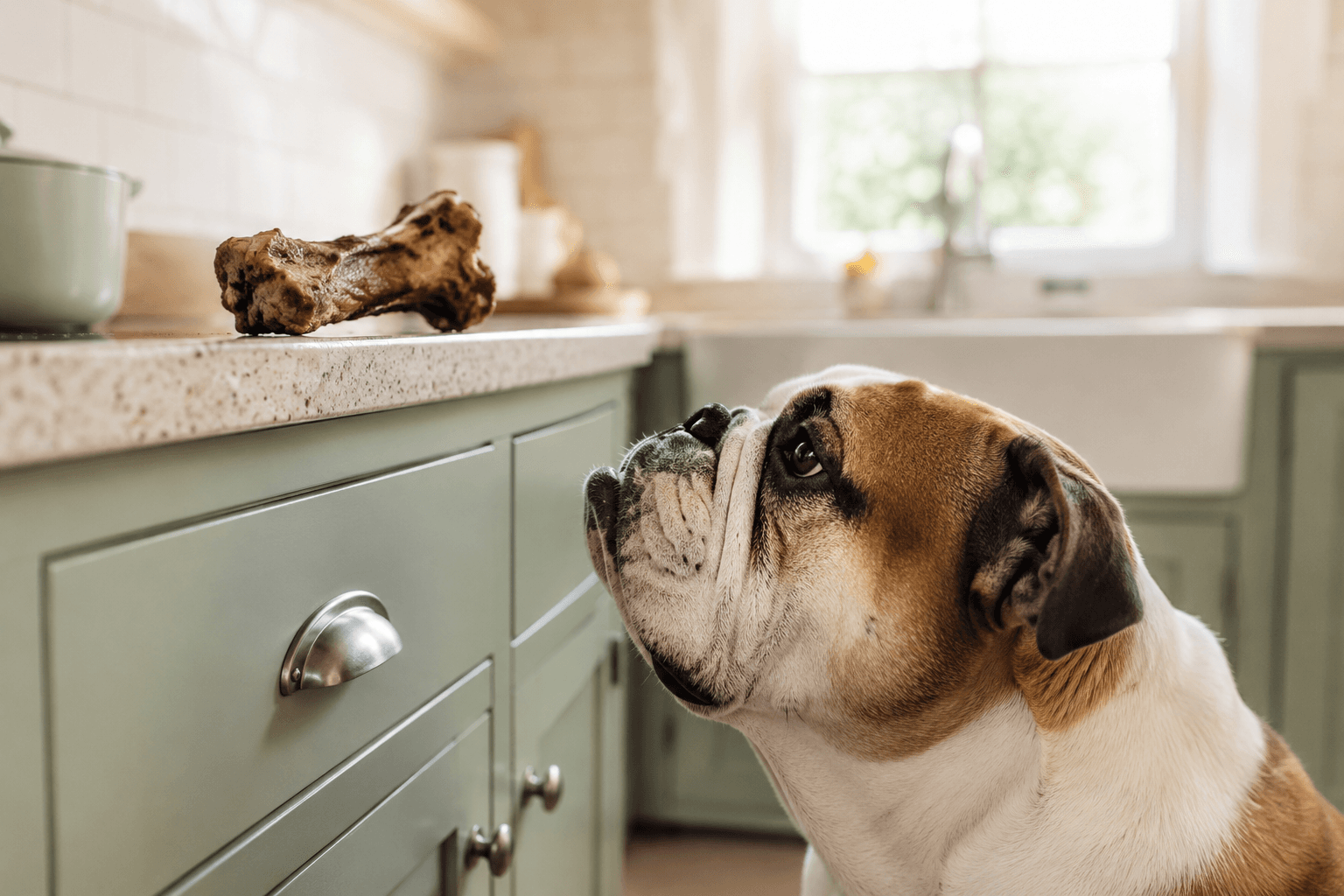 Bulldog looking up at a cooked pork bone on a kitchen counter, out of reach